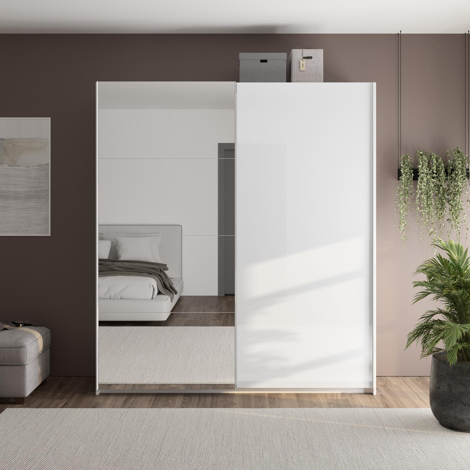 Armadio 200x223h cm con due ante scorrevoli bianco lucido e specchio - Alen
