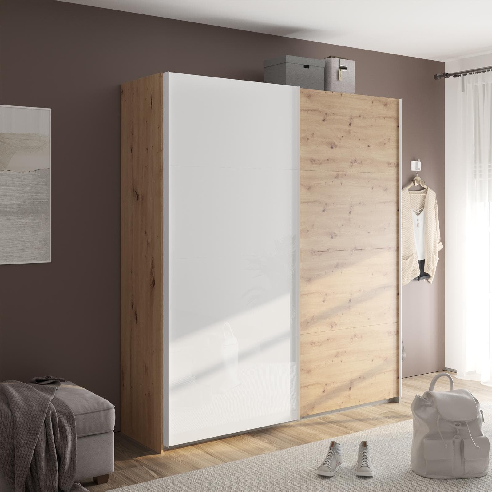 Armadio 200x223h cm con due ante scorrevoli bianco lucido e rovere artisan - Alen