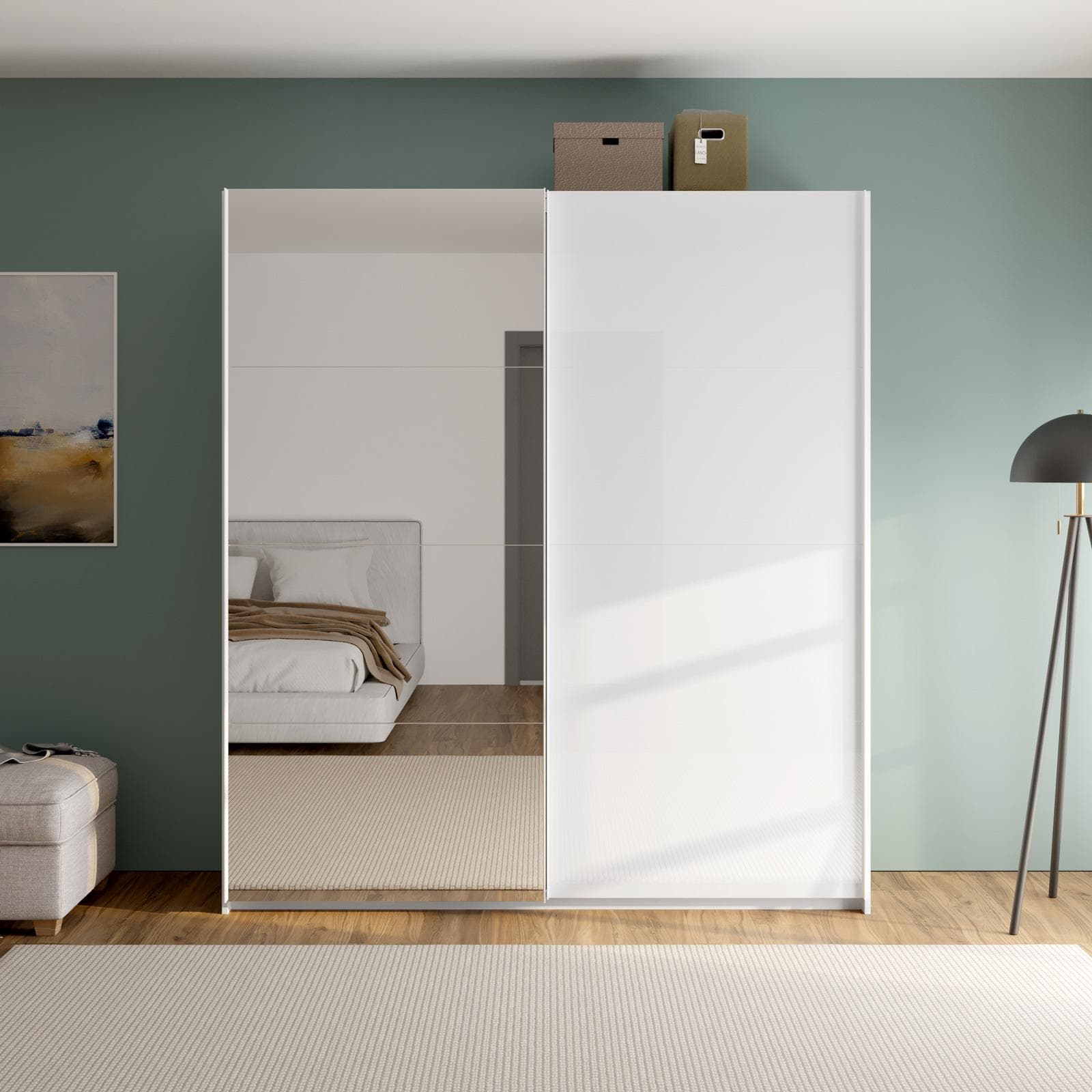 Armadio 200x223h cm con due ante scorrevoli bianco opaco e specchio - Alen