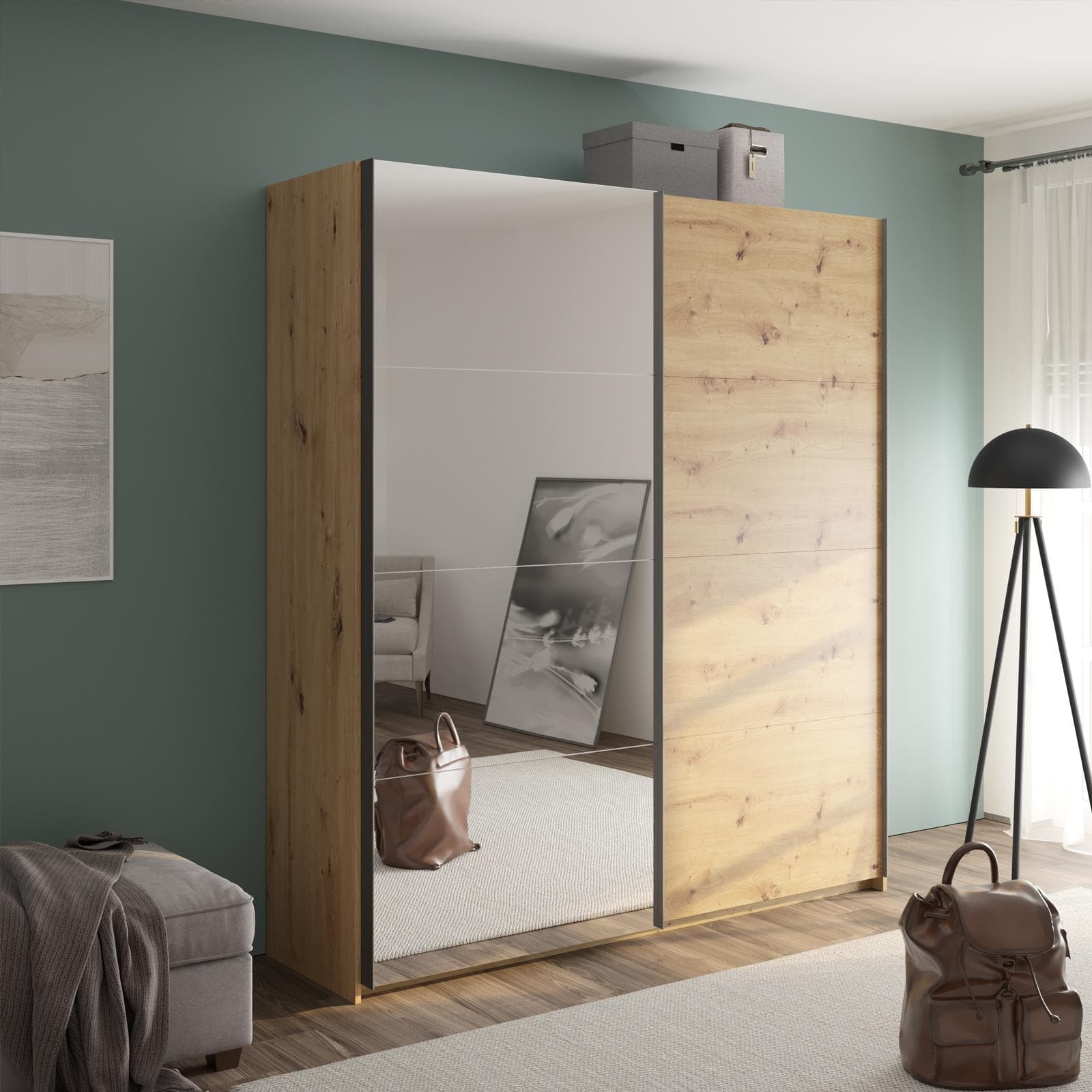 Armadio 200x223h cm con due ante scorrevoli in rovere artisan con specchio - Alen