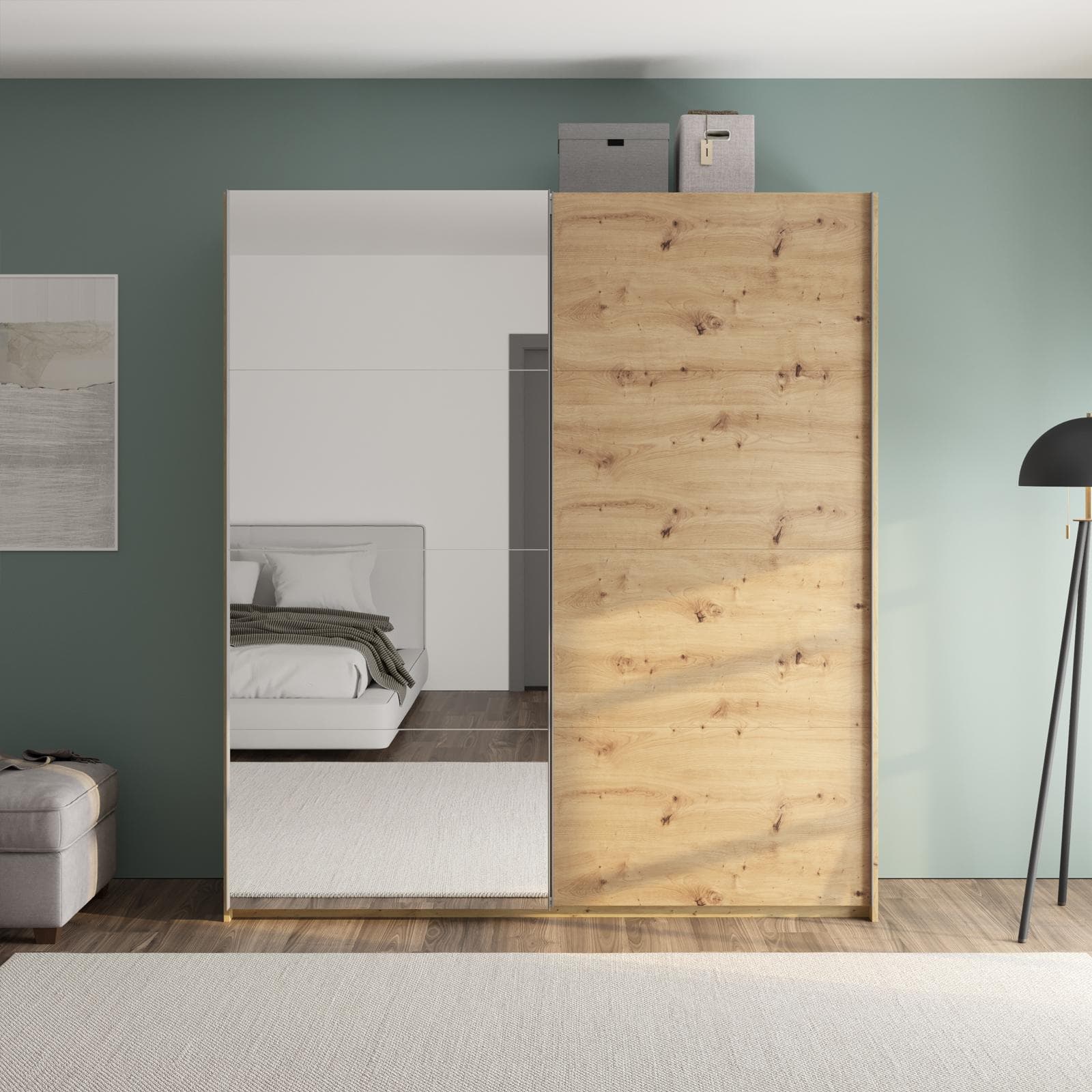 Armadio 200x223h cm con due ante scorrevoli in rovere artisan con specchio - Alen