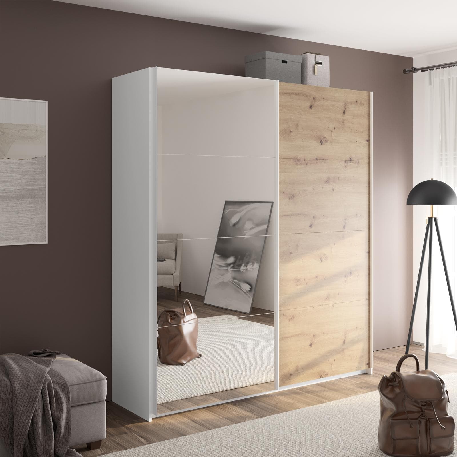 Armadio 200x223h cm con due ante scorrevoli rovere artisan e specchio - Alen