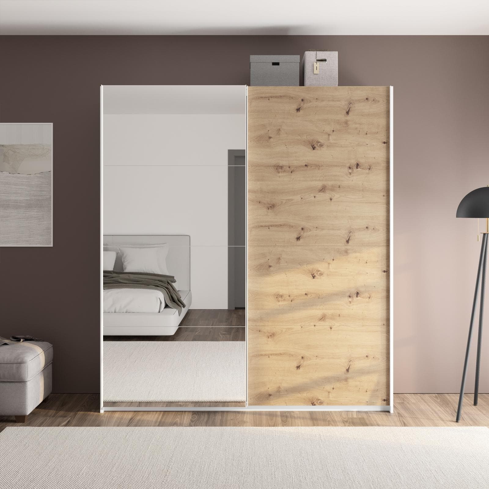 Armadio 200x223h cm con due ante scorrevoli rovere artisan e specchio - Alen