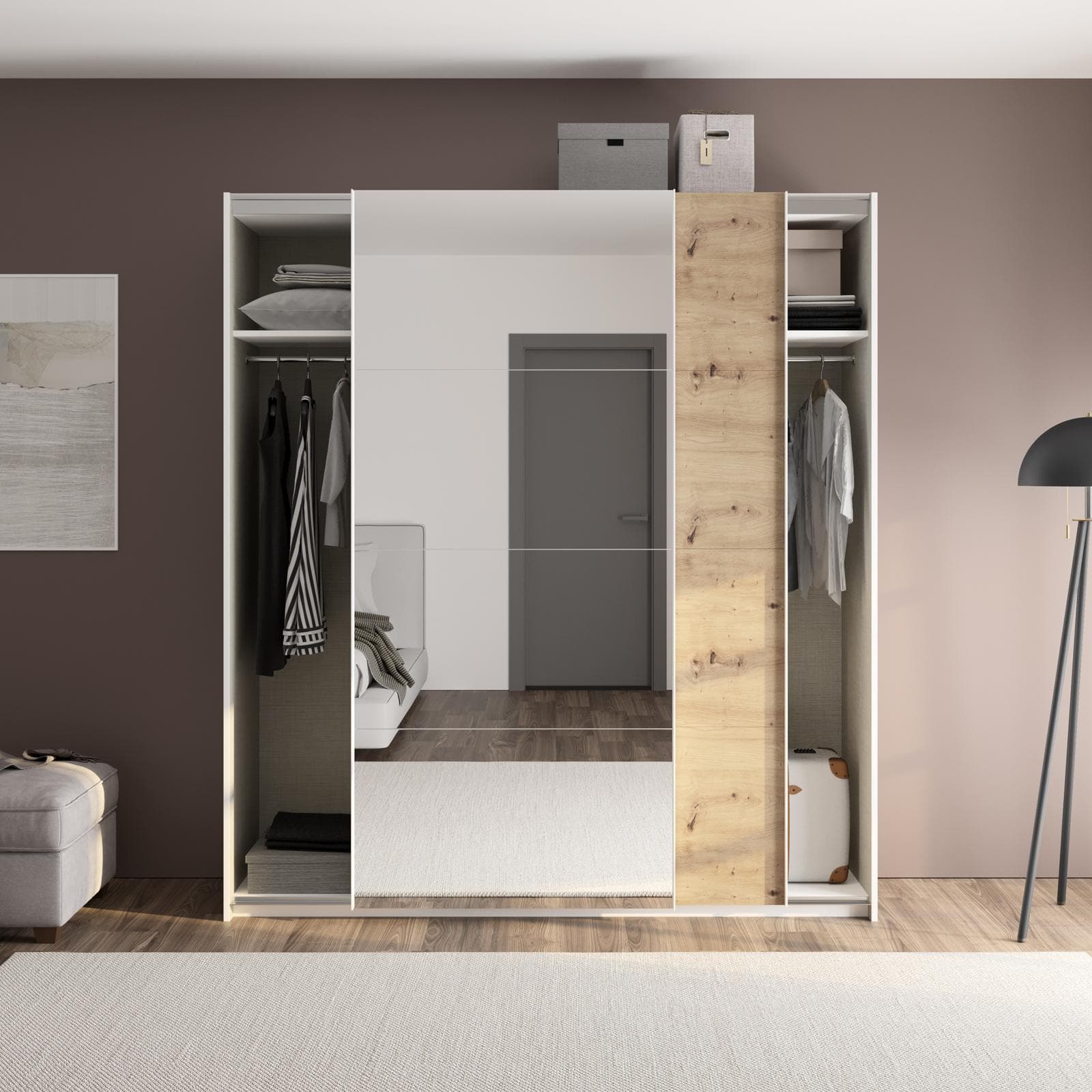 Armadio 200x223h cm con due ante scorrevoli rovere artisan e specchio - Alen