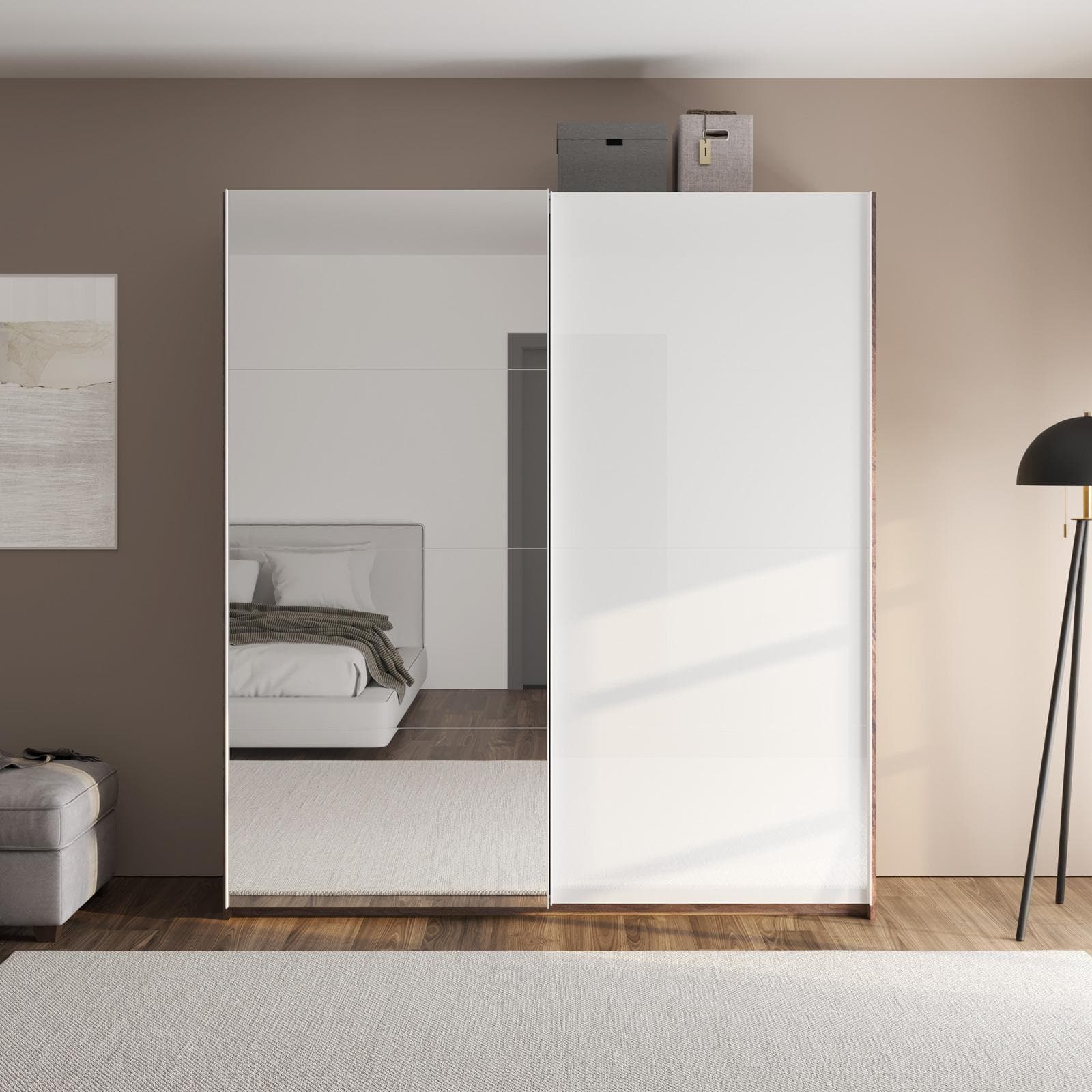 Armadio 200x223h cm noce brera con due ante scorrevoli bianco lucido e specchio - Alen