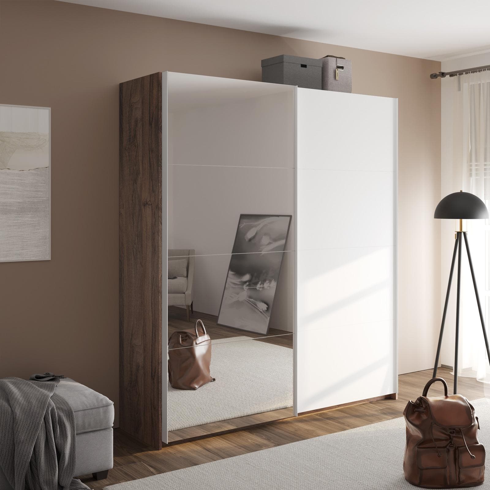 Armadio 200x223h cm noce brera con due ante scorrevoli bianco opaco e specchio - Alen