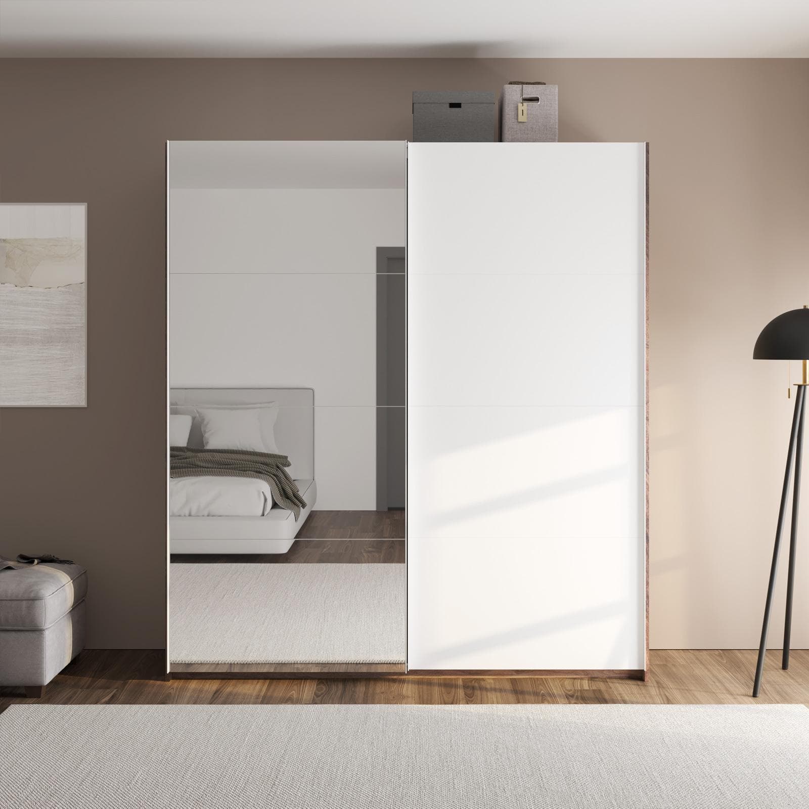 Armadio 200x223h cm noce brera con due ante scorrevoli bianco opaco e specchio - Alen