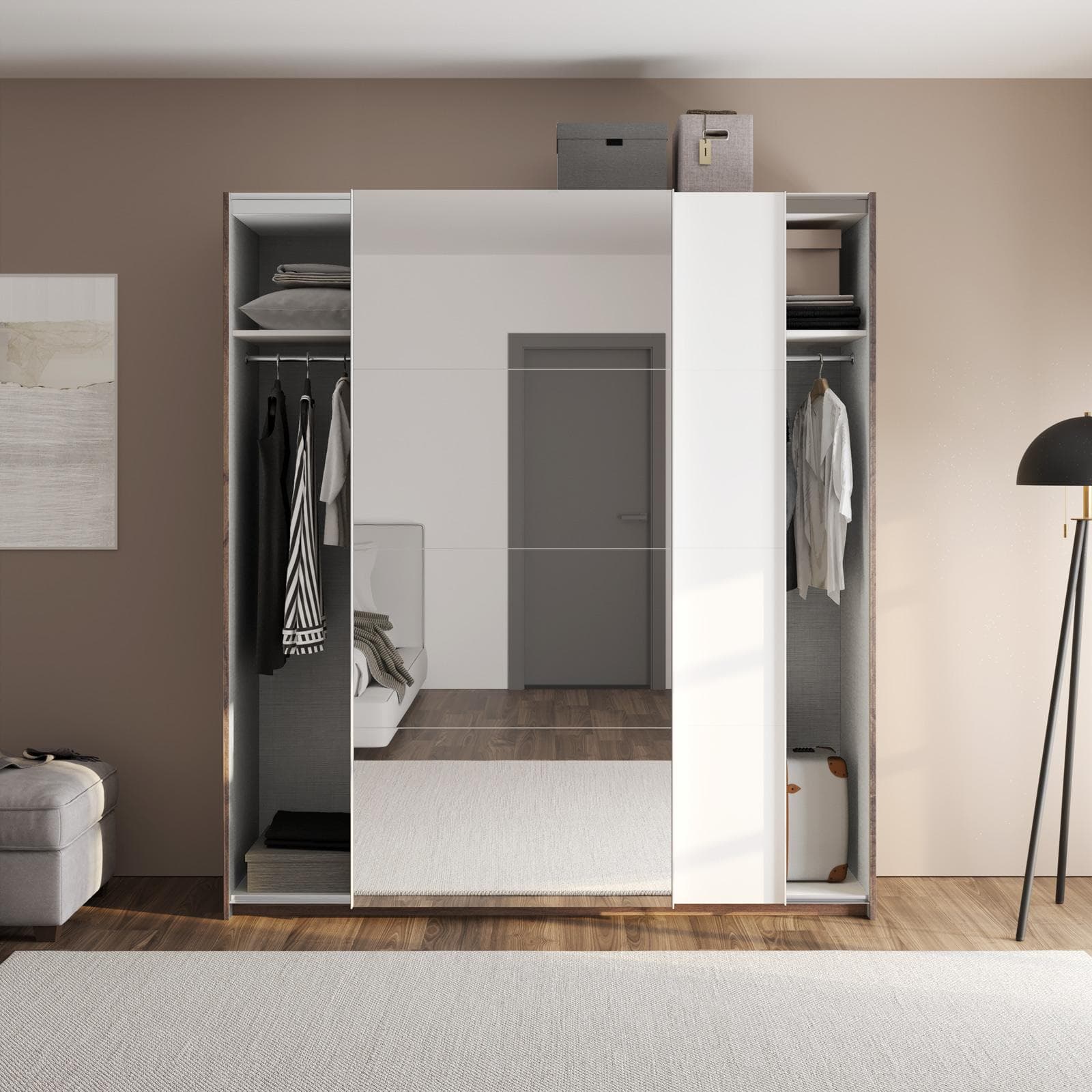 Armadio 200x223h cm noce brera con due ante scorrevoli bianco opaco e specchio - Alen