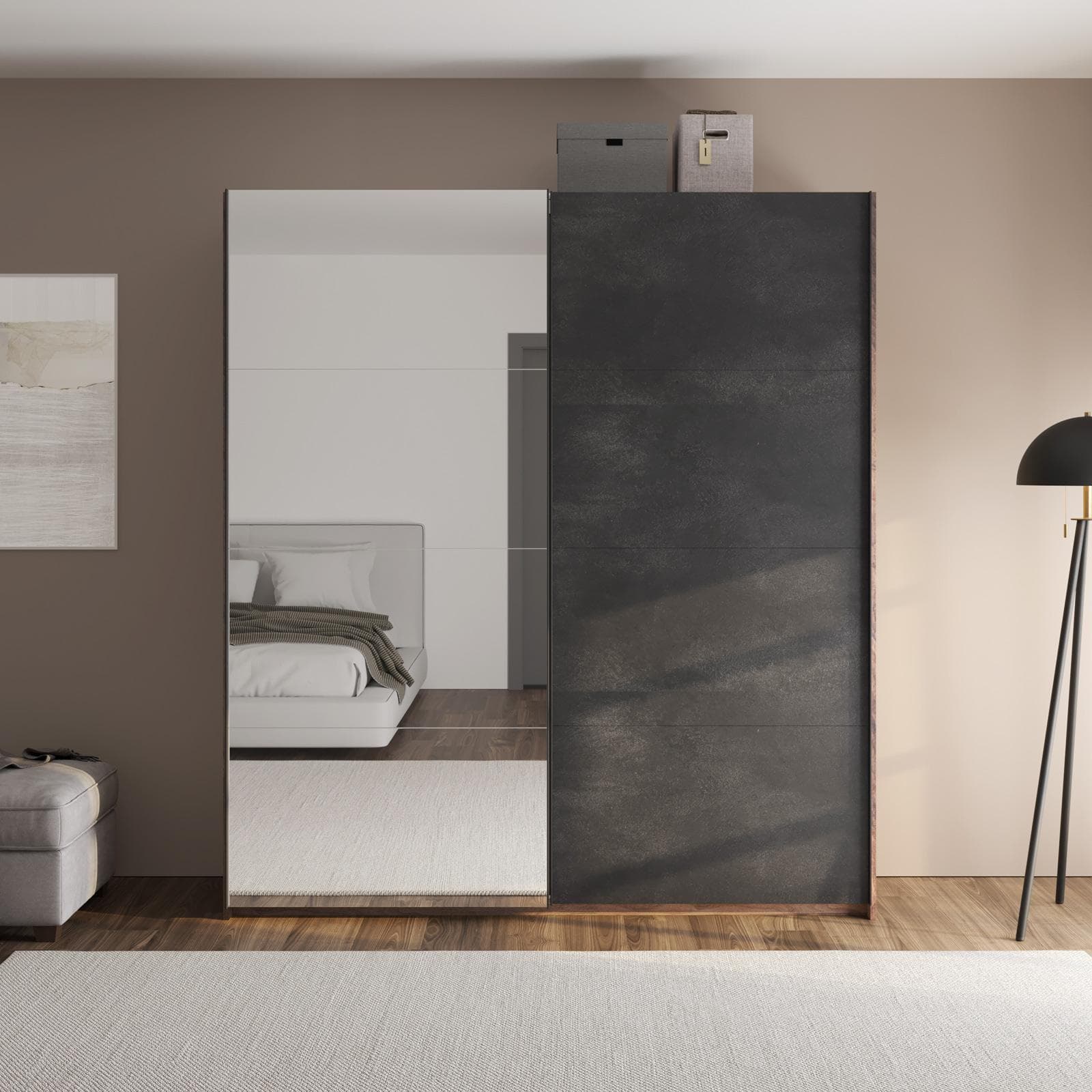 Armadio 200x223h cm noce brera con due ante scorrevoli grigio tadao e specchio - Alen
