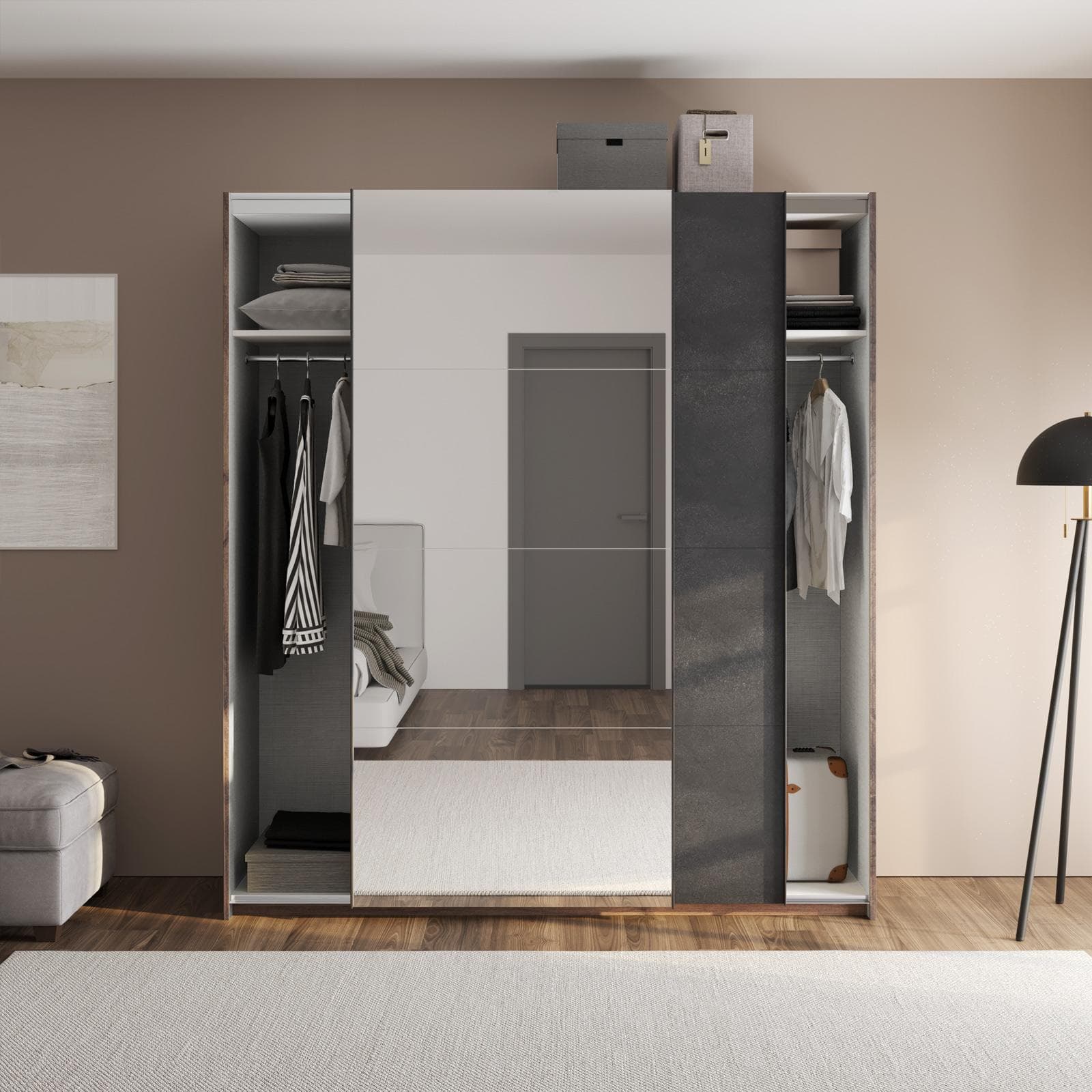 Armadio 200x223h cm noce brera con due ante scorrevoli grigio tadao e specchio - Alen