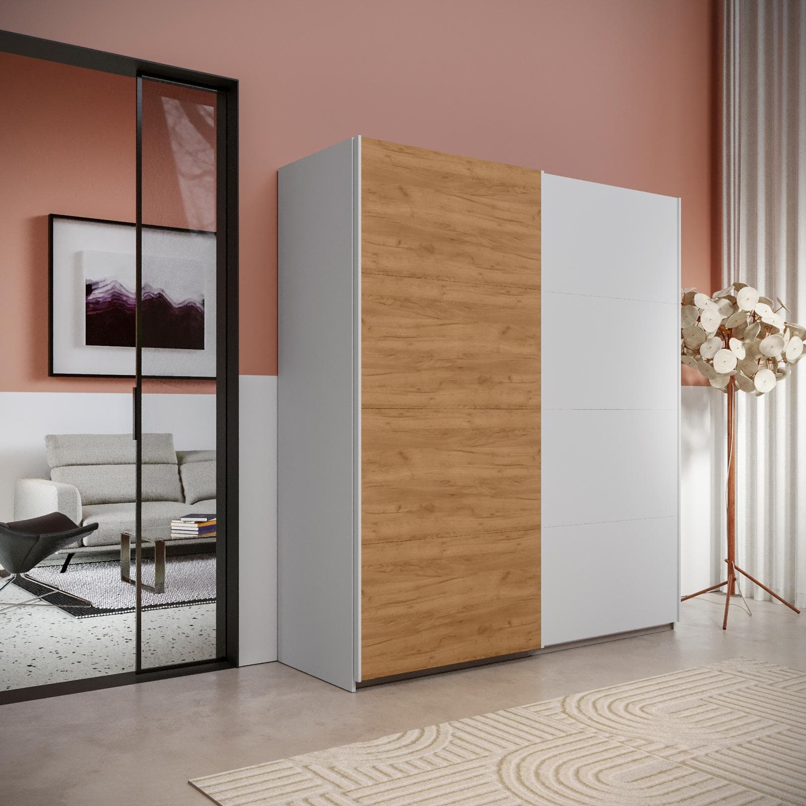 Armadio 203x223h cm bianco con 2 ante scorrevoli bianco e rovere gold - Alen