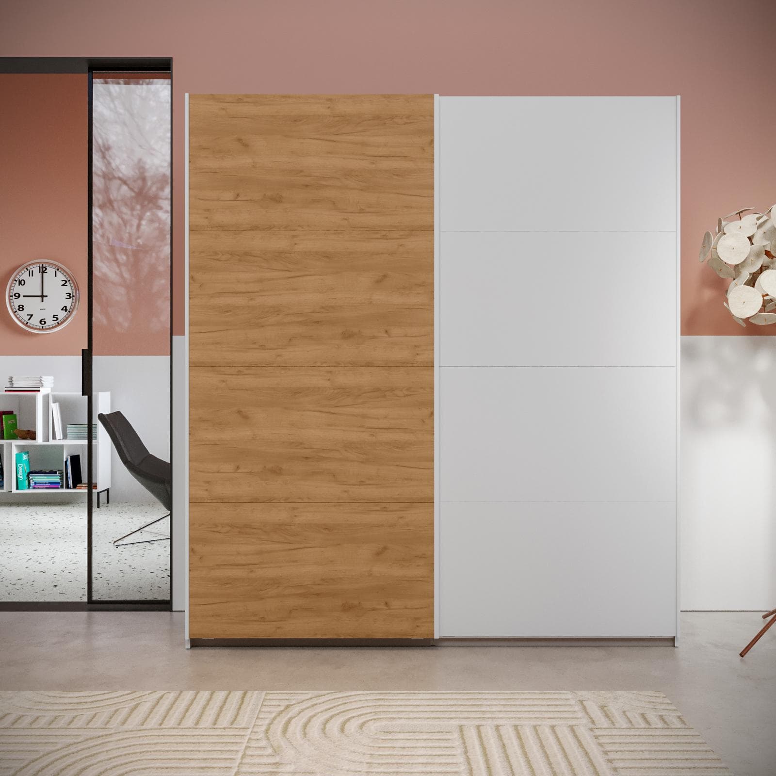 Armadio 203x223h cm bianco con 2 ante scorrevoli bianco e rovere gold - Alen