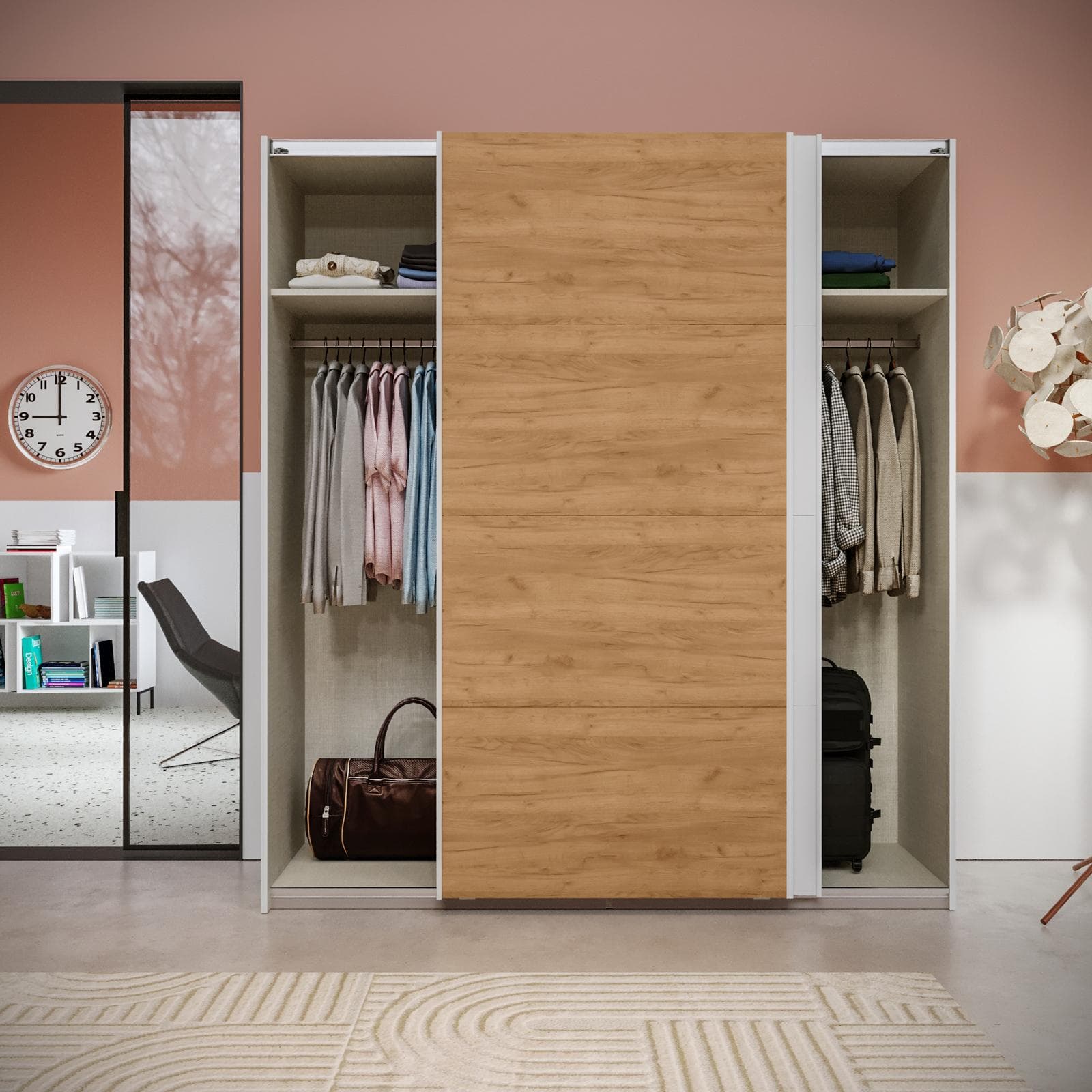 Armadio 203x223h cm bianco con 2 ante scorrevoli bianco e rovere gold - Alen