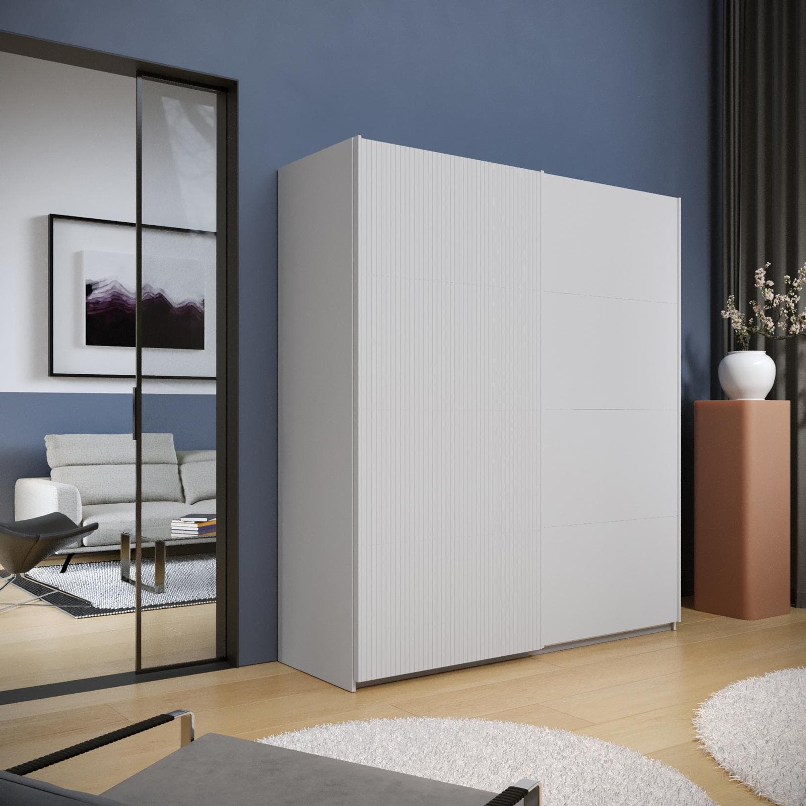 Armadio 203x223h cm bianco con 2 ante scorrevoli bianco opaco e cannettato - Alen