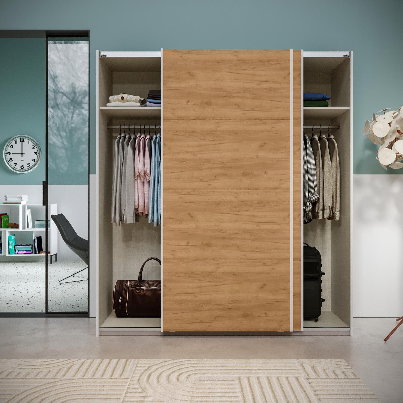 Armadio 203x223h cm bianco con 2 ante scorrevoli rovere gold - Alen