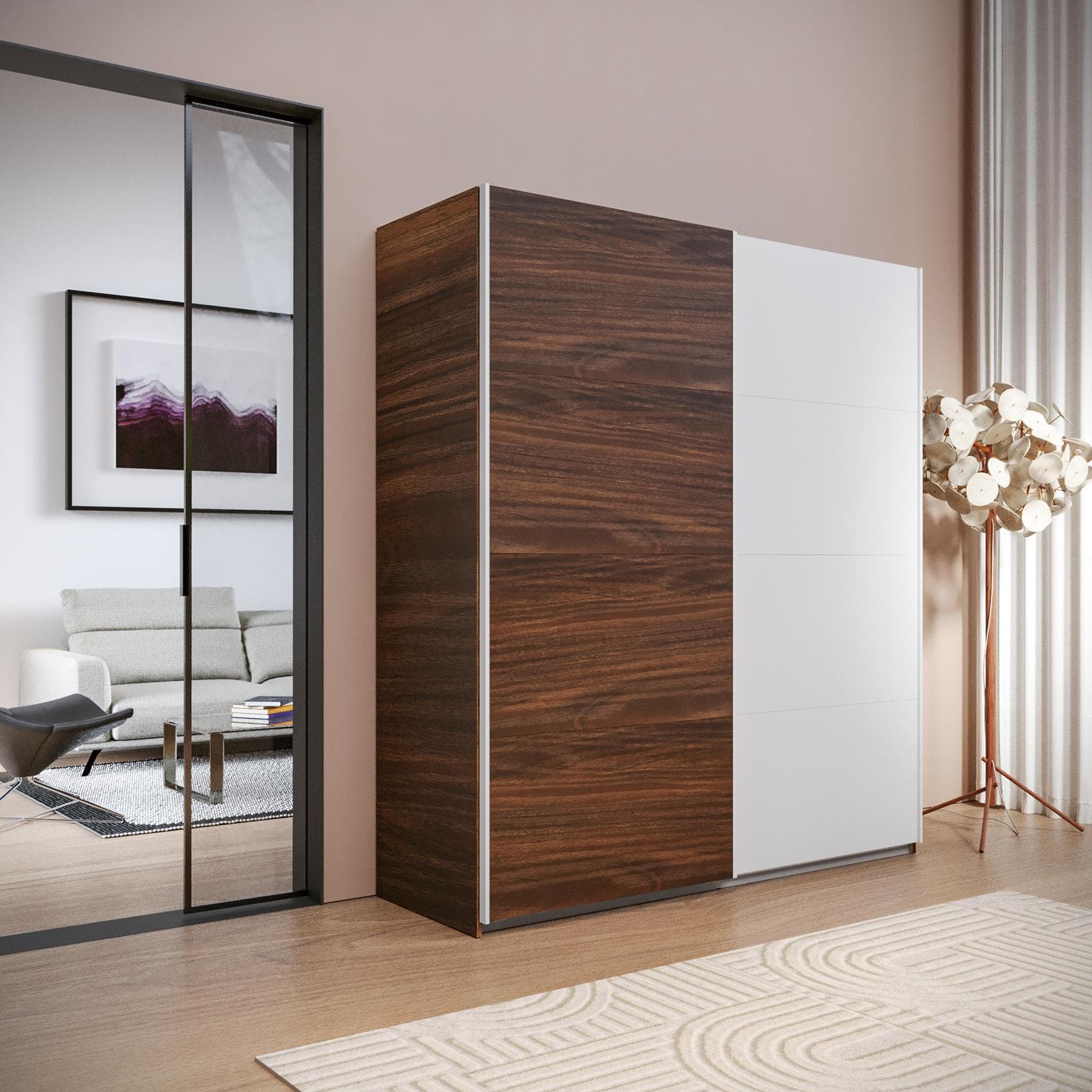 Armadio 203x223h cm rovere deciso con 2 ante scorrevoli rovere deciso e bianco - Alen
