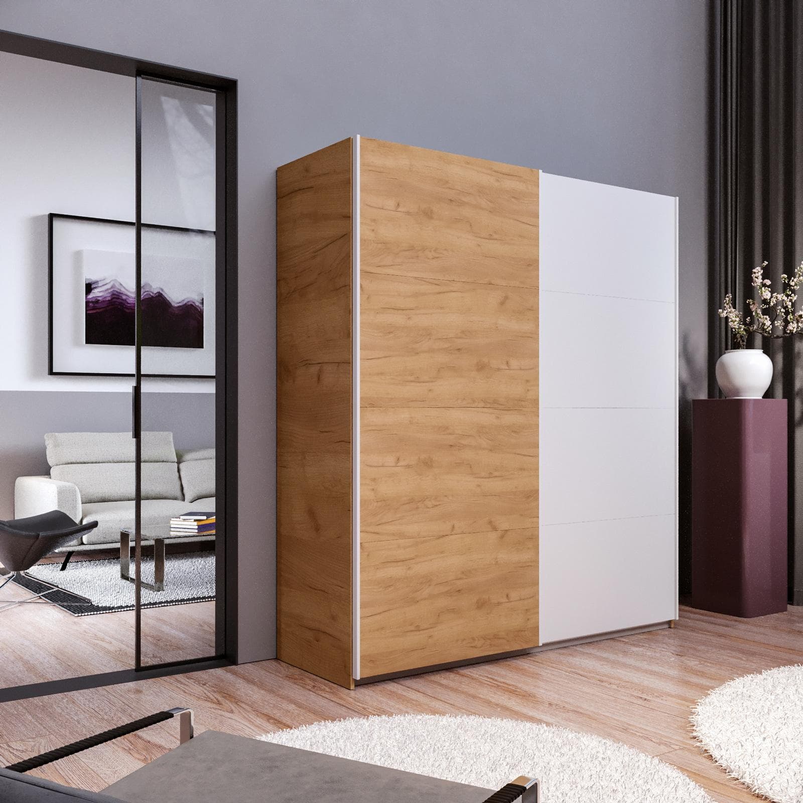 Armadio 203x223h cm rovere gold con 2 ante scorrevoli rovere gold e bianco - Alen