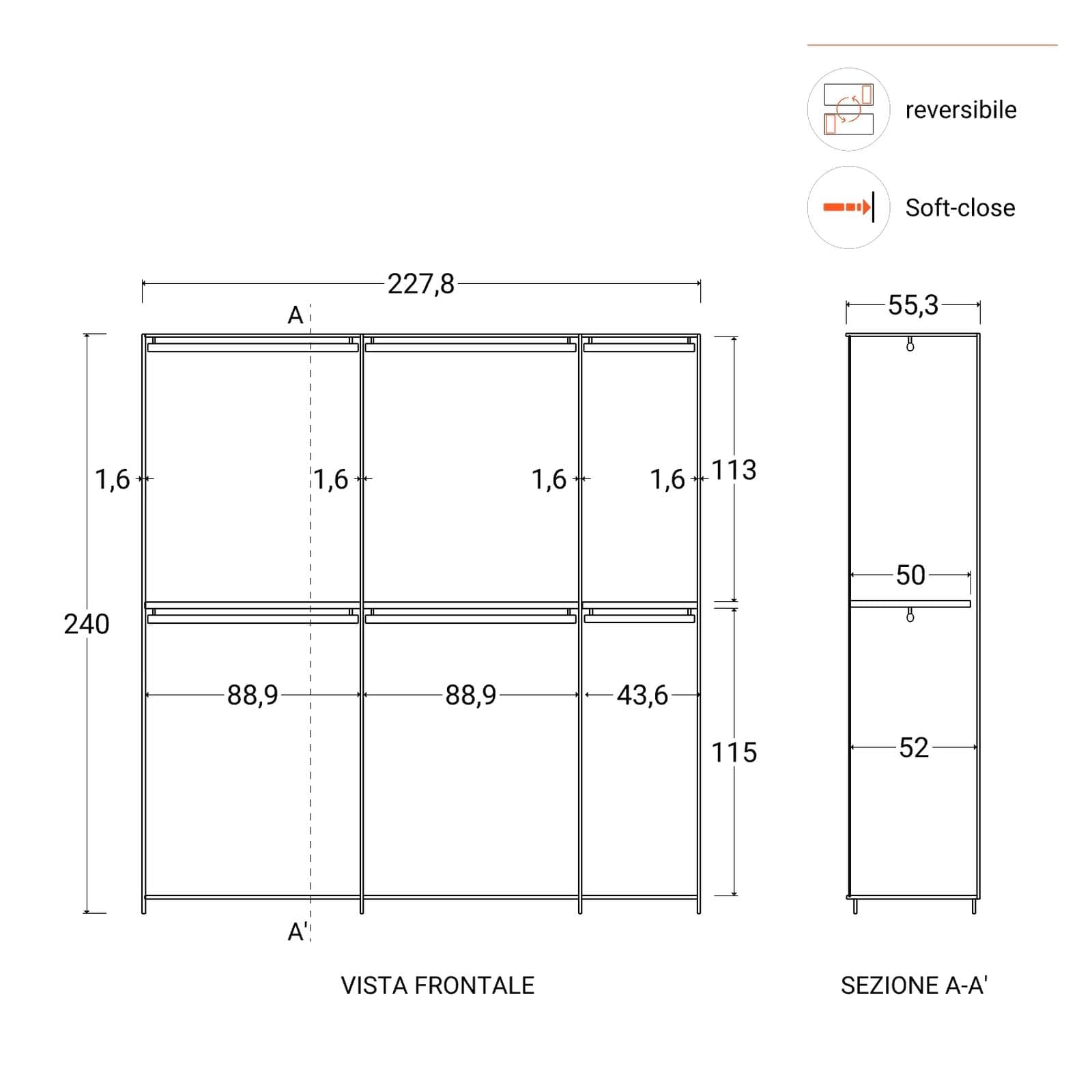 Armadio battente 228x240h cm 5 ante reversibili con soft close bianco lucido - Cindy