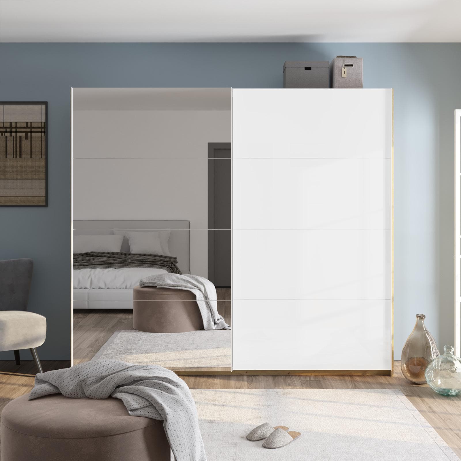 Armadio 250x223h cm con due ante scorrevoli bianco opaco rovere e specchio - Alen