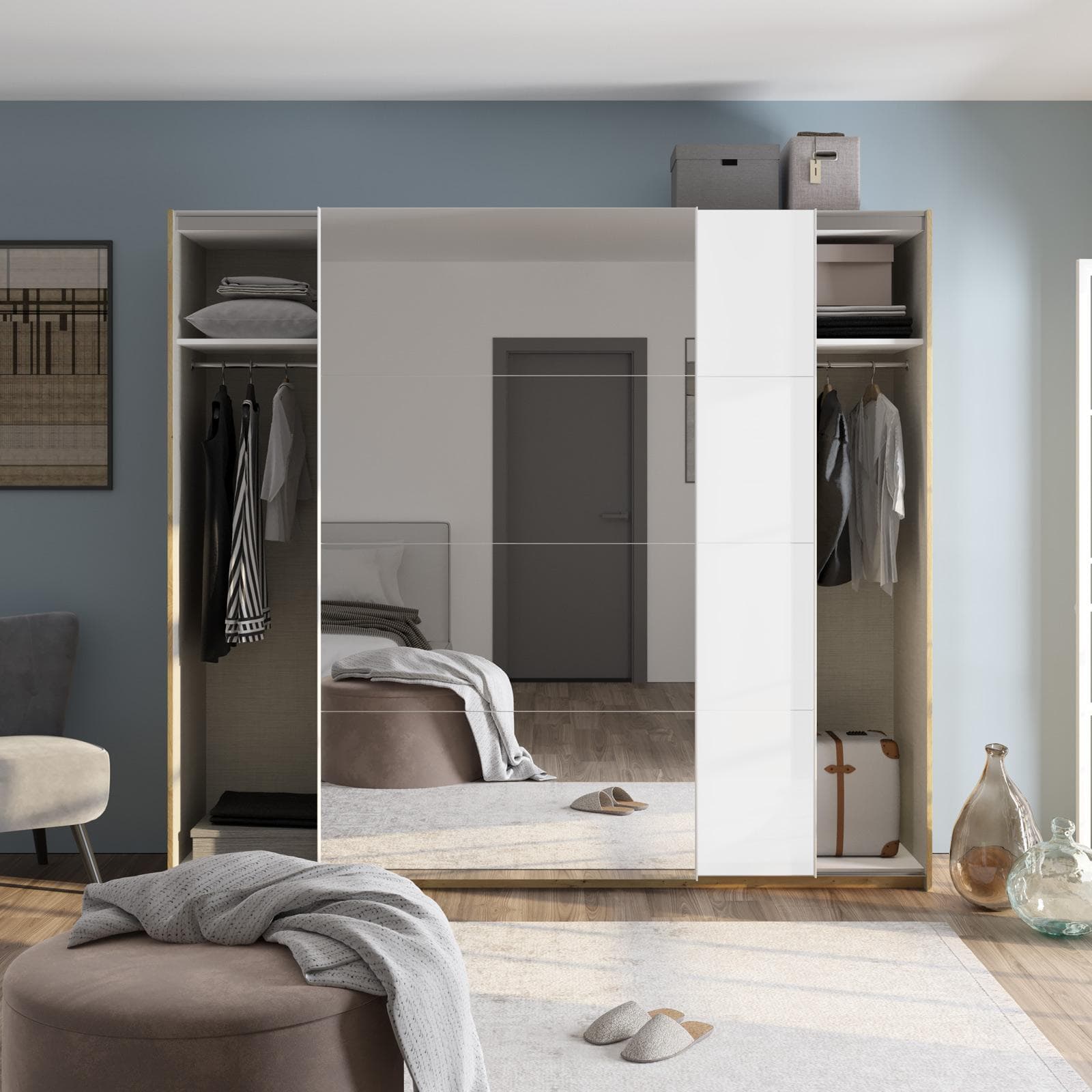 Armadio 250x223h cm con due ante scorrevoli bianco opaco rovere e specchio - Alen