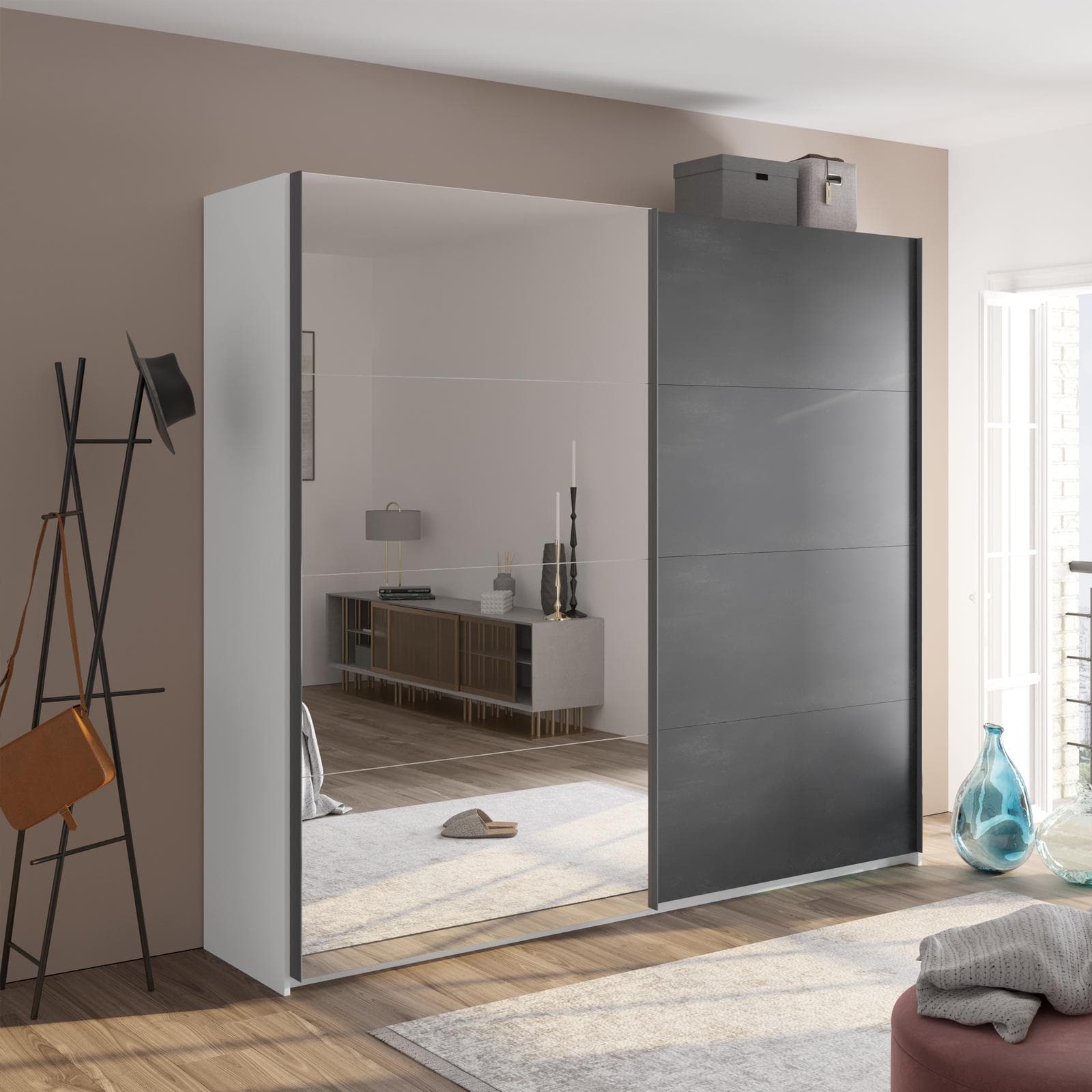 Armadio 250x223h cm bianco opaco con due ante scorrevoli grigio tadao e specchio - Alen