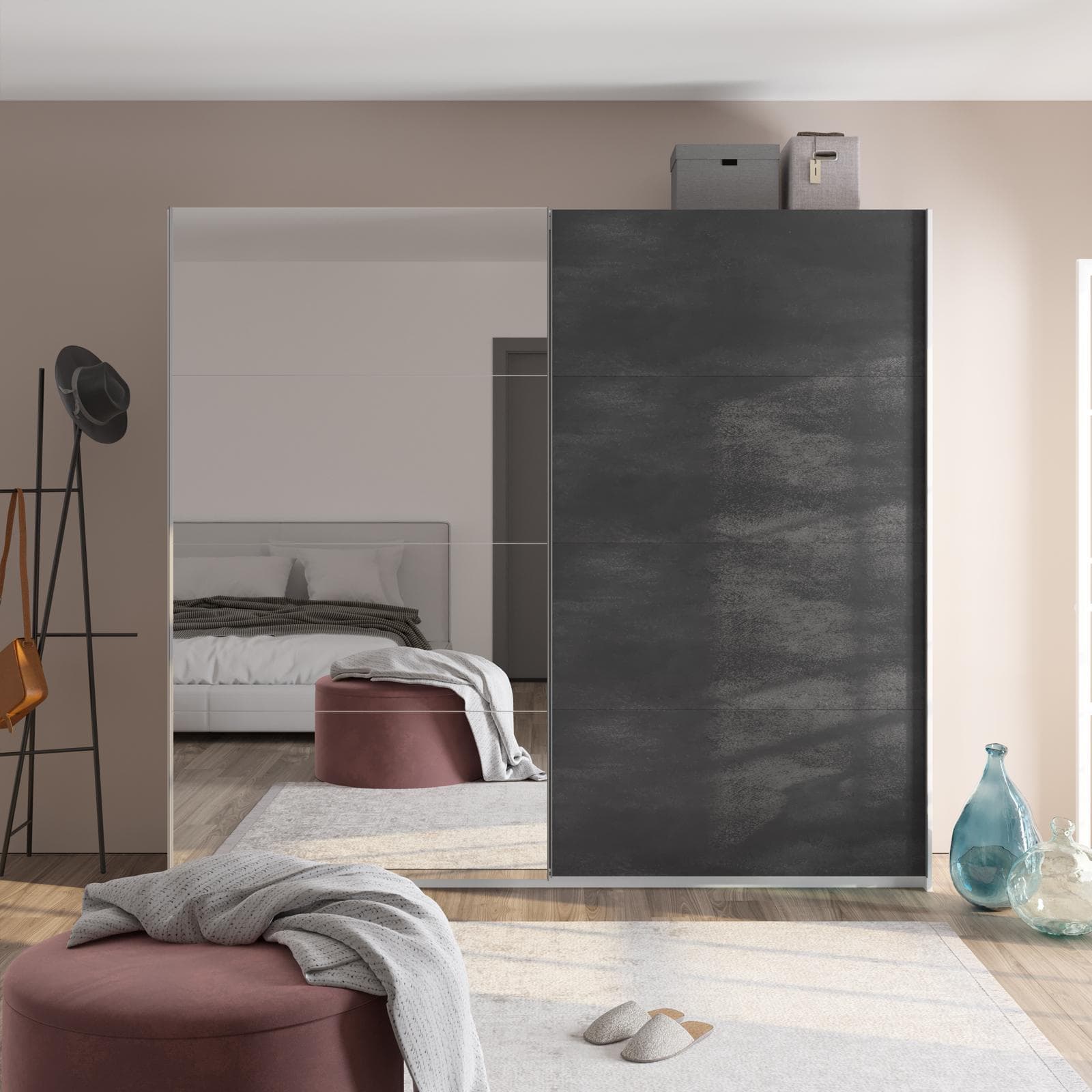 Armadio 250x223h cm bianco opaco con due ante scorrevoli grigio tadao e specchio - Alen