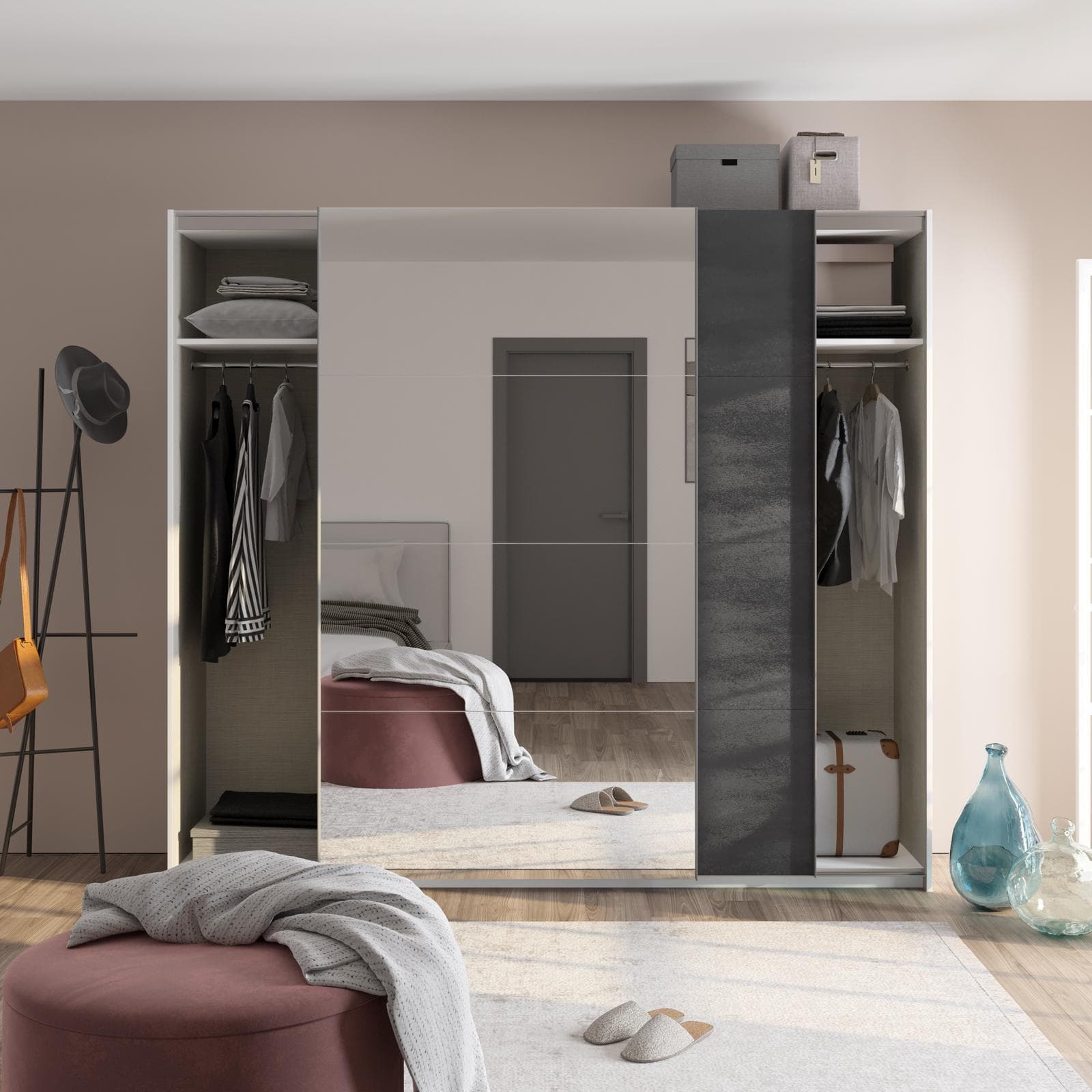 Armadio 250x223h cm bianco opaco con due ante scorrevoli grigio tadao e specchio - Alen