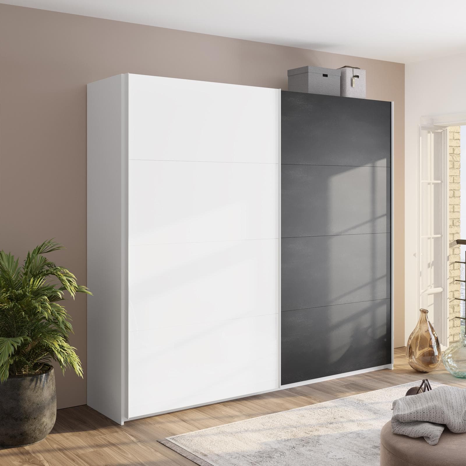 Armadio 250x223h cm con due ante scorrevoli bianco opaco e grigio tadao - Alen