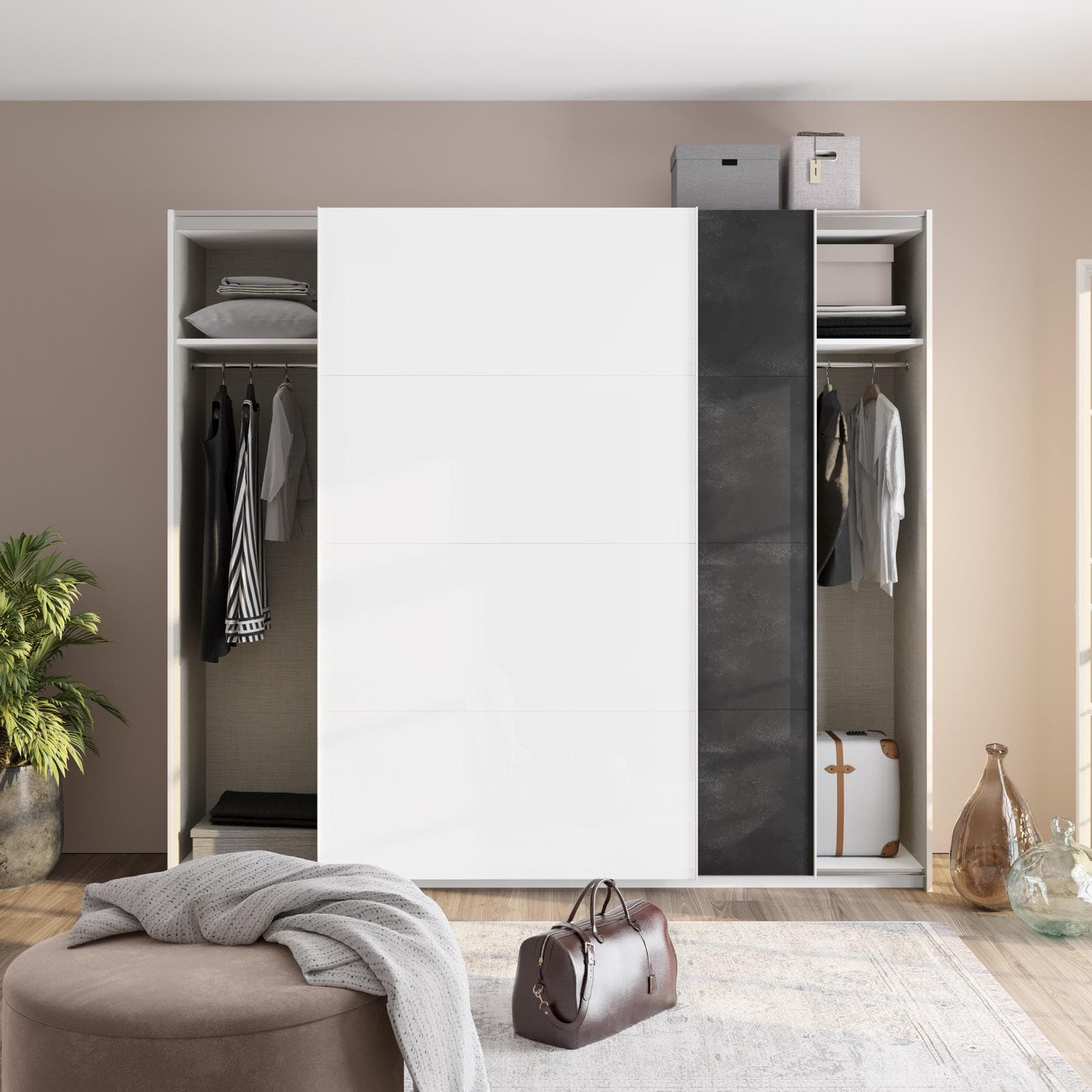 Armadio 250x223h cm con due ante scorrevoli bianco opaco e grigio tadao - Alen
