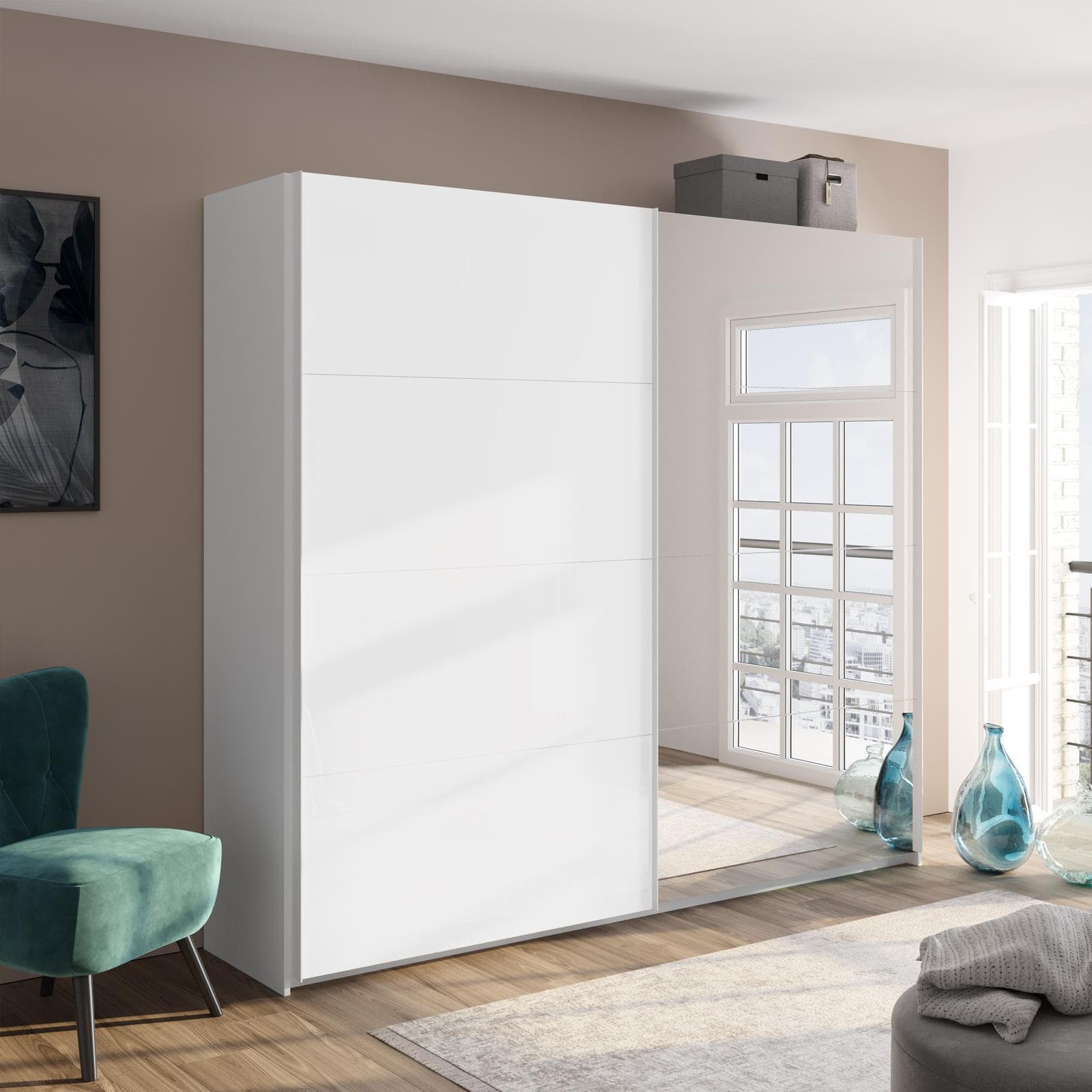 Armadio 250x223h cm con due ante scorrevoli bianco opaco e specchio - Alen