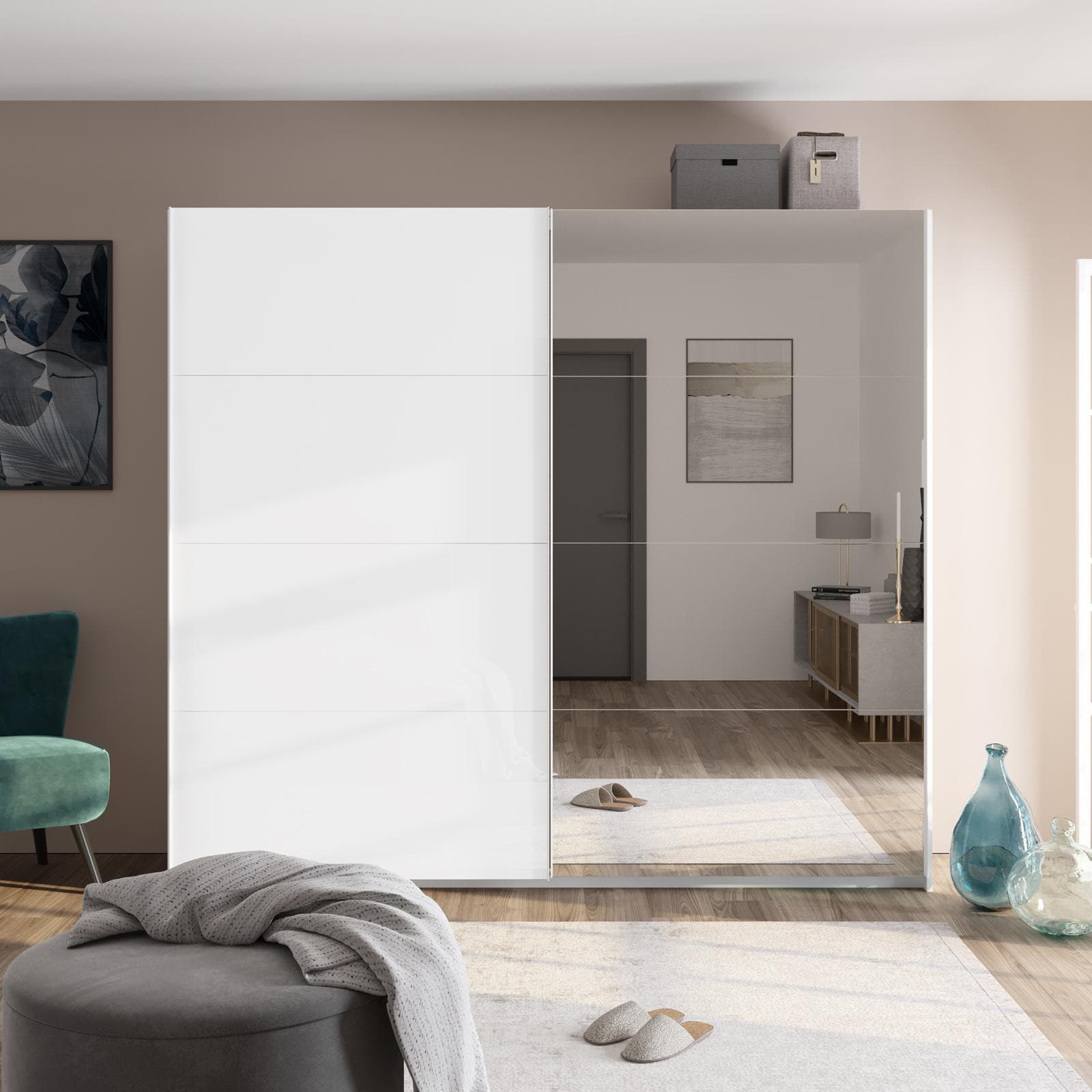 Armadio 250x223h cm con due ante scorrevoli bianco opaco e specchio - Alen