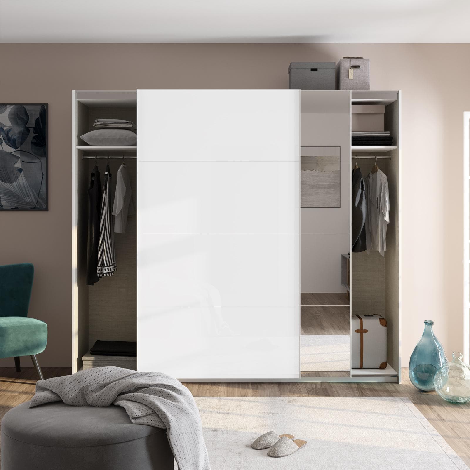 Armadio 250x223h cm con due ante scorrevoli bianco opaco e specchio - Alen