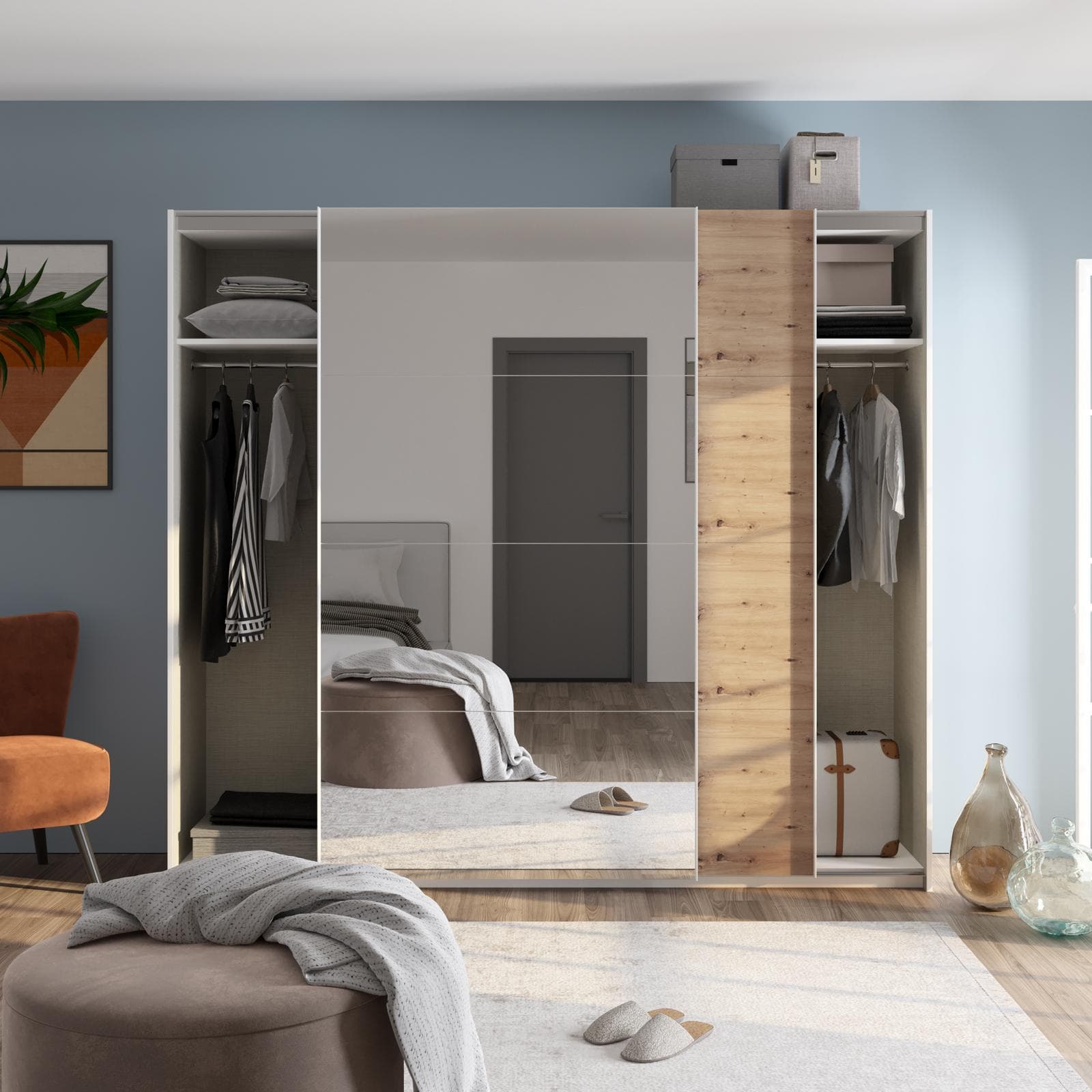 Armadio 250x223h cm con due ante scorrevoli rovere bianco e specchio - Alen
