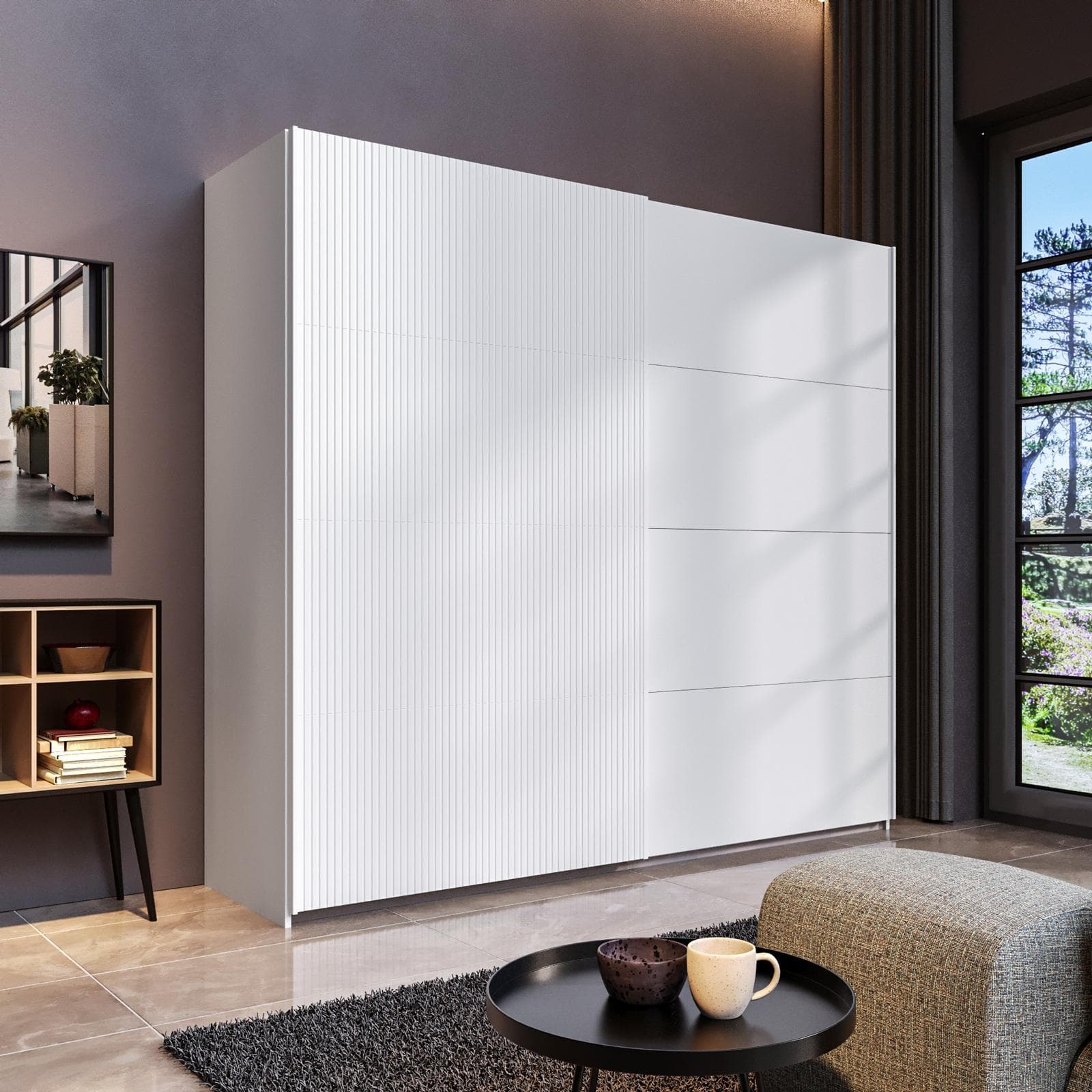 Armadio 251x223h cm bianco con 2 ante scorrevoli bianco opaco e cannettato - Alen