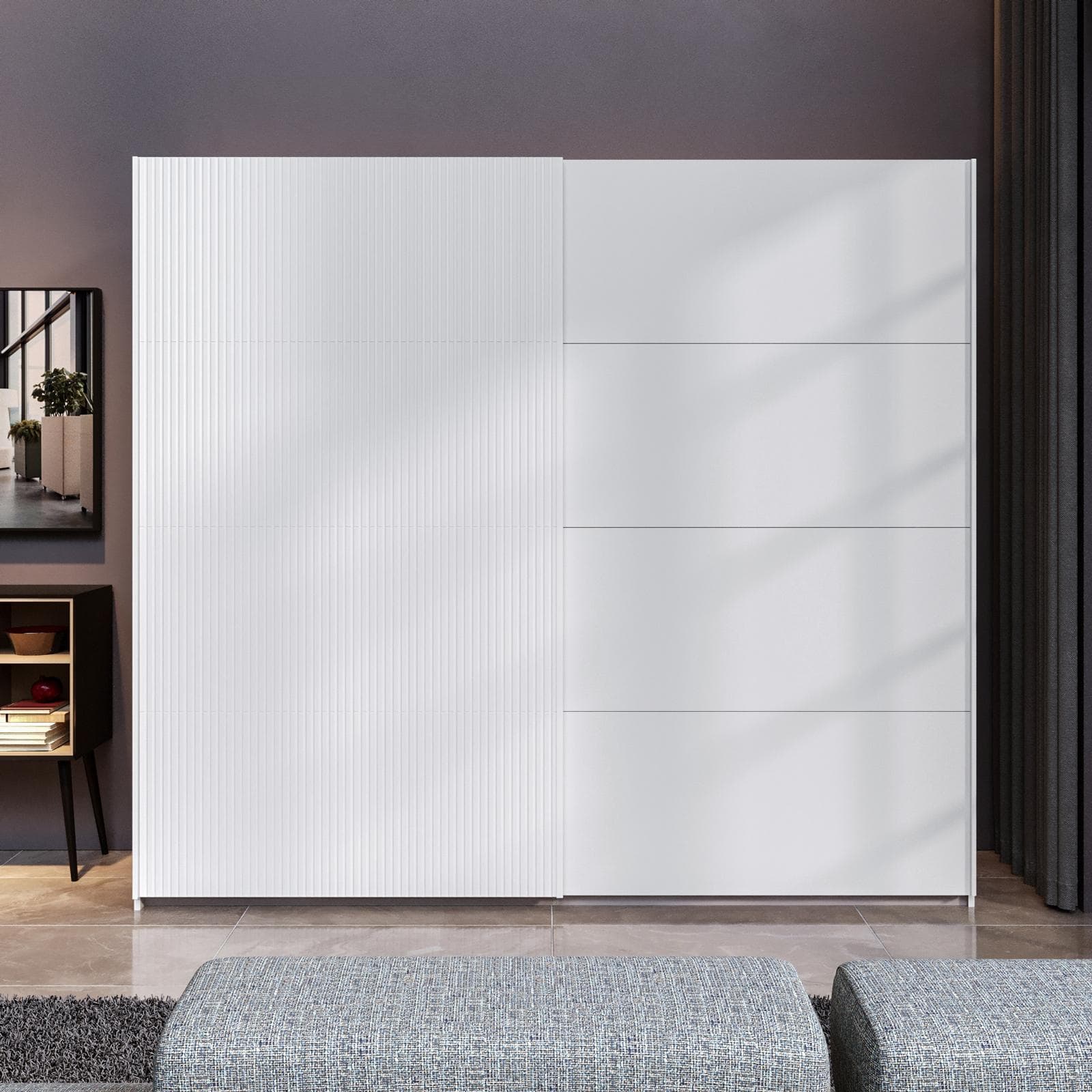 Armadio 251x223h cm bianco con 2 ante scorrevoli bianco opaco e cannettato - Alen