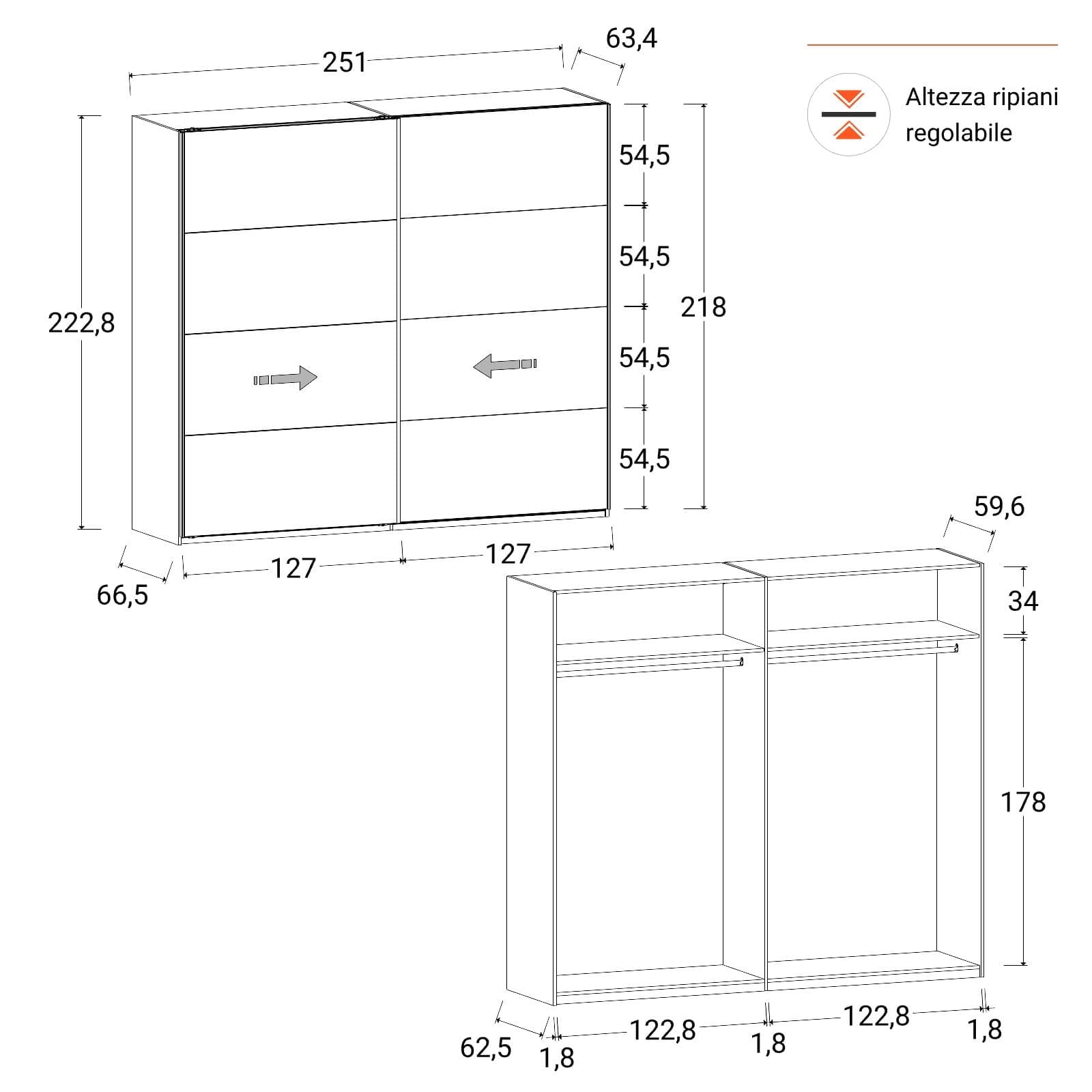 Armadio 251x223h cm bronzo con 2 ante scorrevoli - Alen