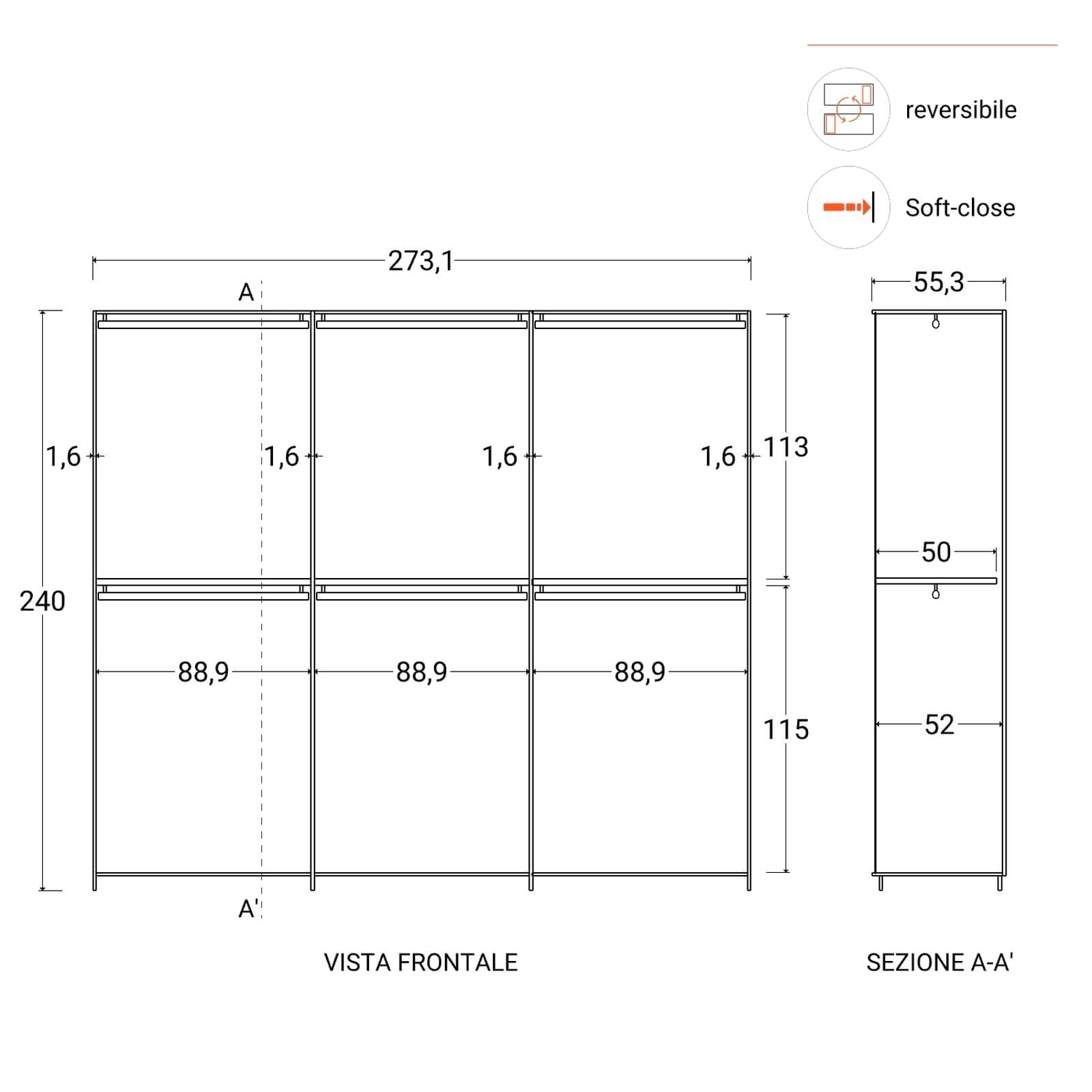 Armadio battente 273x240h cm 6 ante reversibili con soft close bianco lucido - Cindy