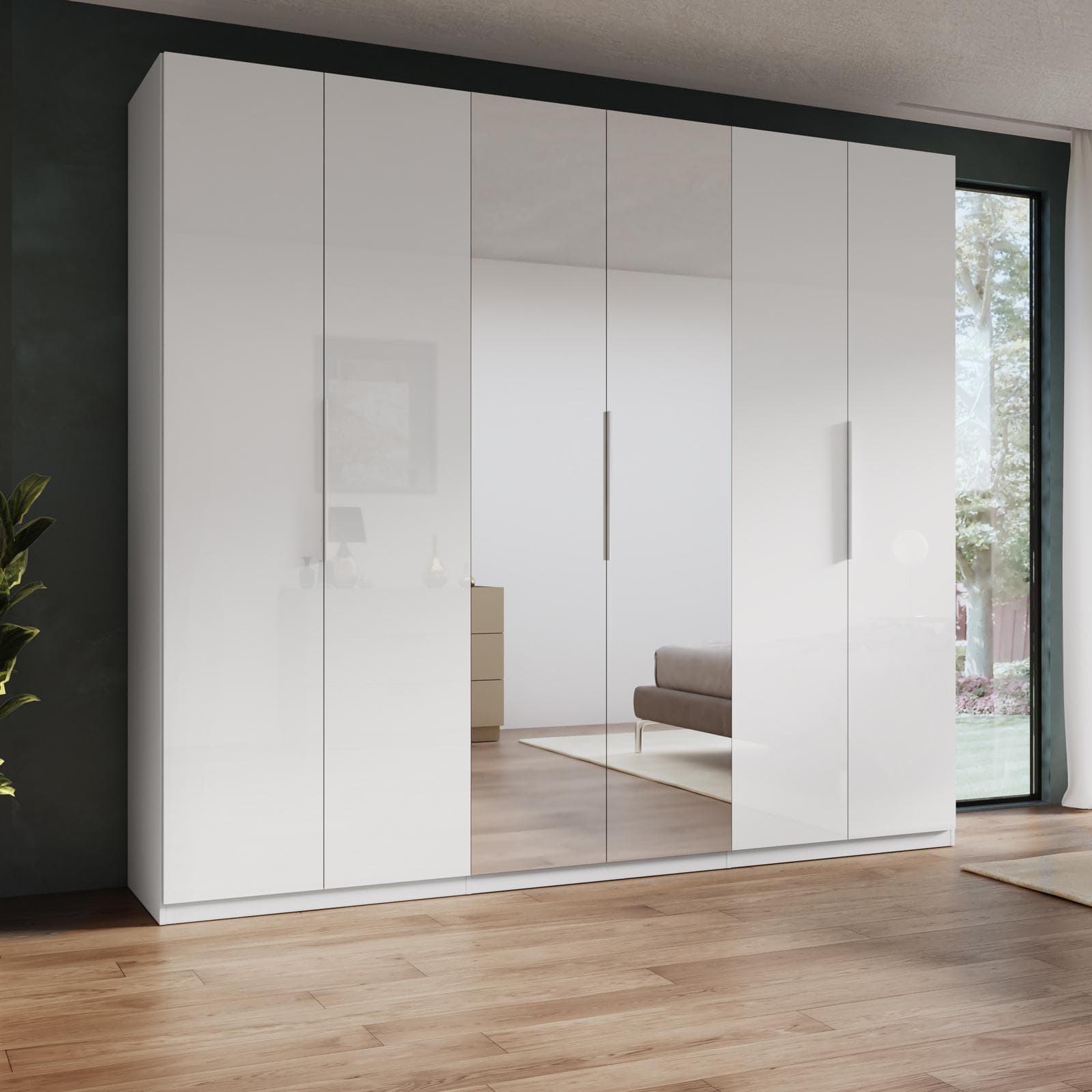 Armadio battente 273x240h cm 6 ante reversibili bianco lucido con specchi e soft close- Cindy