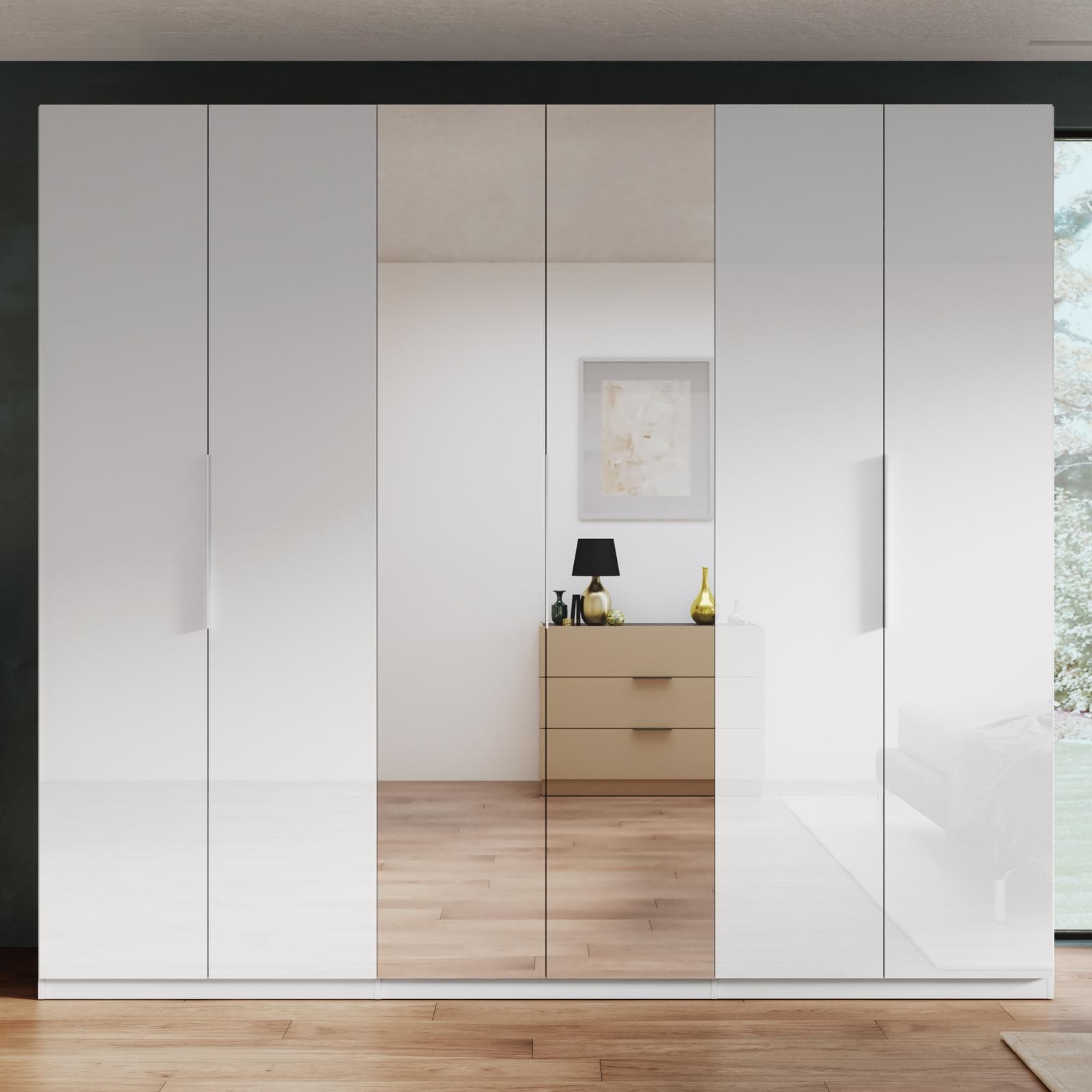 Armadio battente 273x240h cm 6 ante reversibili bianco lucido con specchi e soft close- Cindy