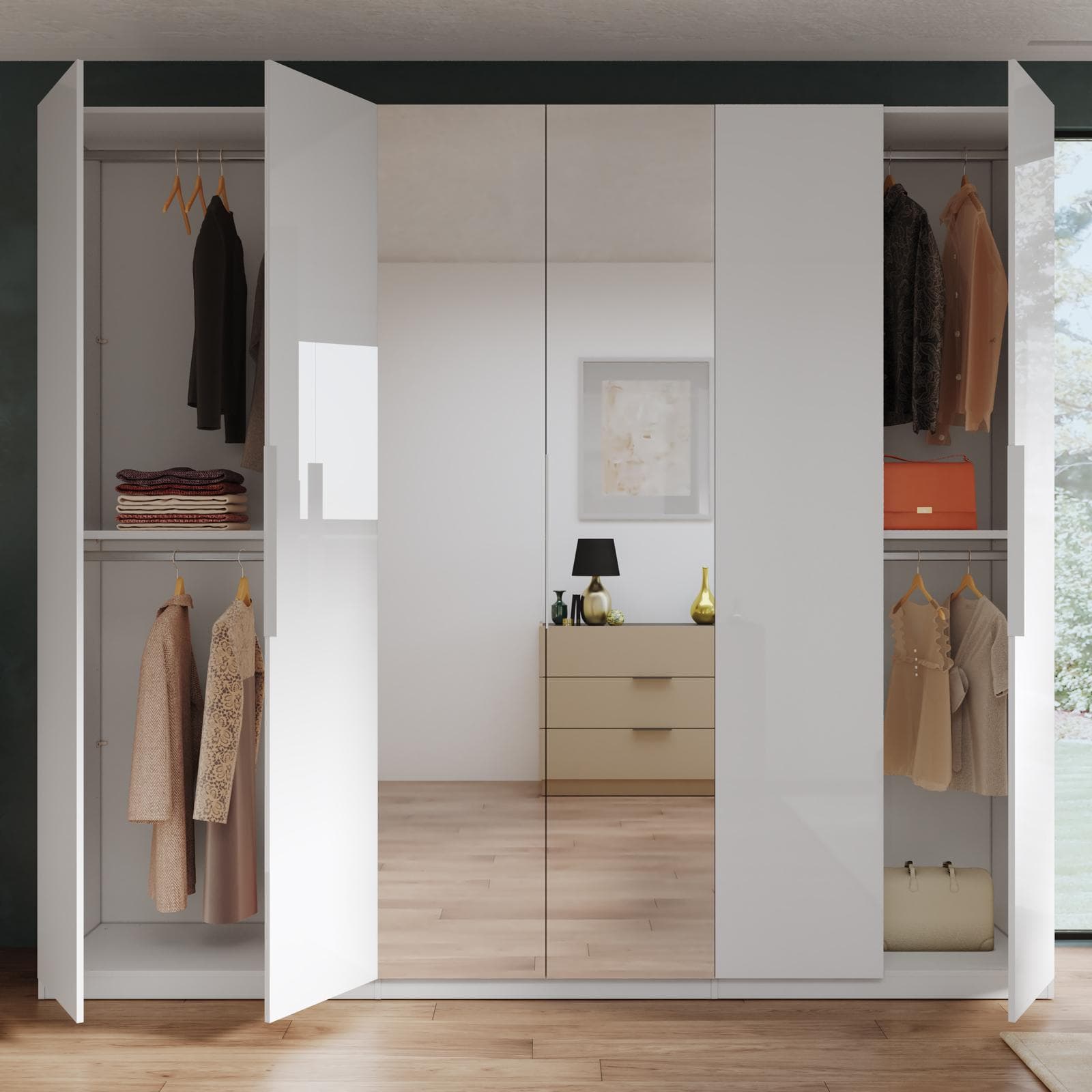 Armadio battente 273x240h cm 6 ante reversibili bianco lucido con specchi e soft close- Cindy