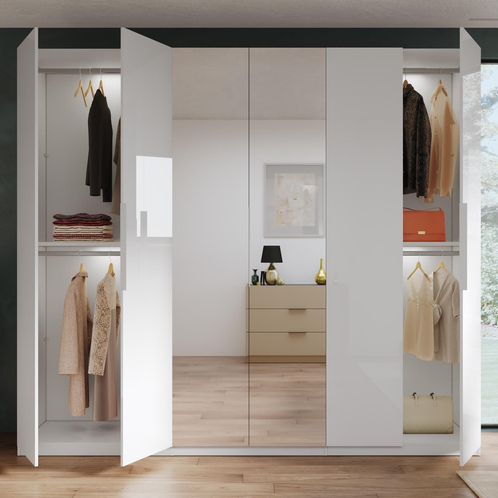 Armadio battente 273x240h cm 6 ante reversibili bianco lucido con specchi e soft close- Cindy