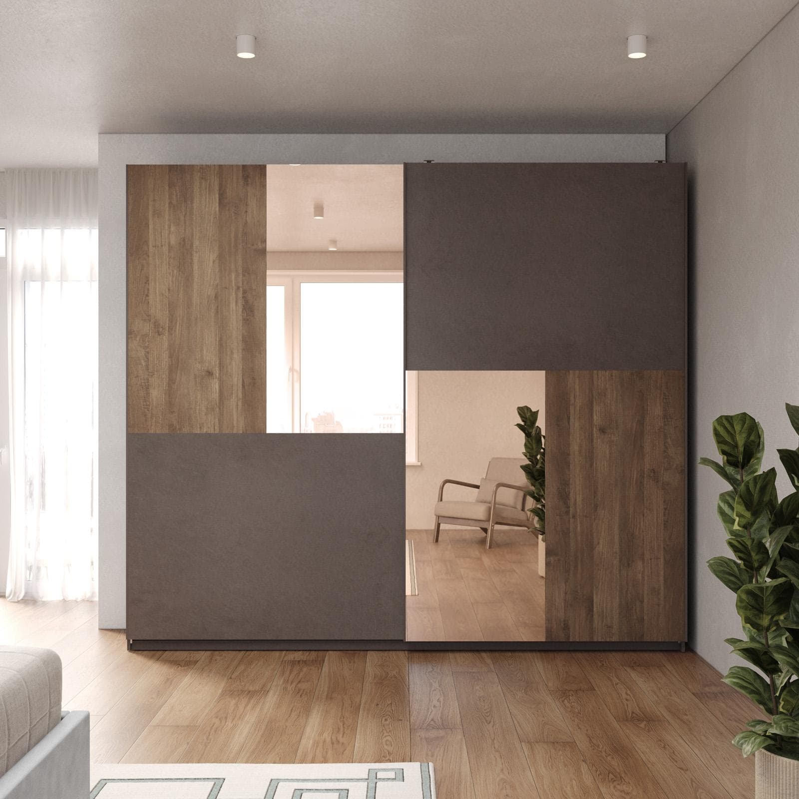 Armadio 275x240h cm con specchio bronzato e 2 ante scorrevoli bronzo e mercure - Blair