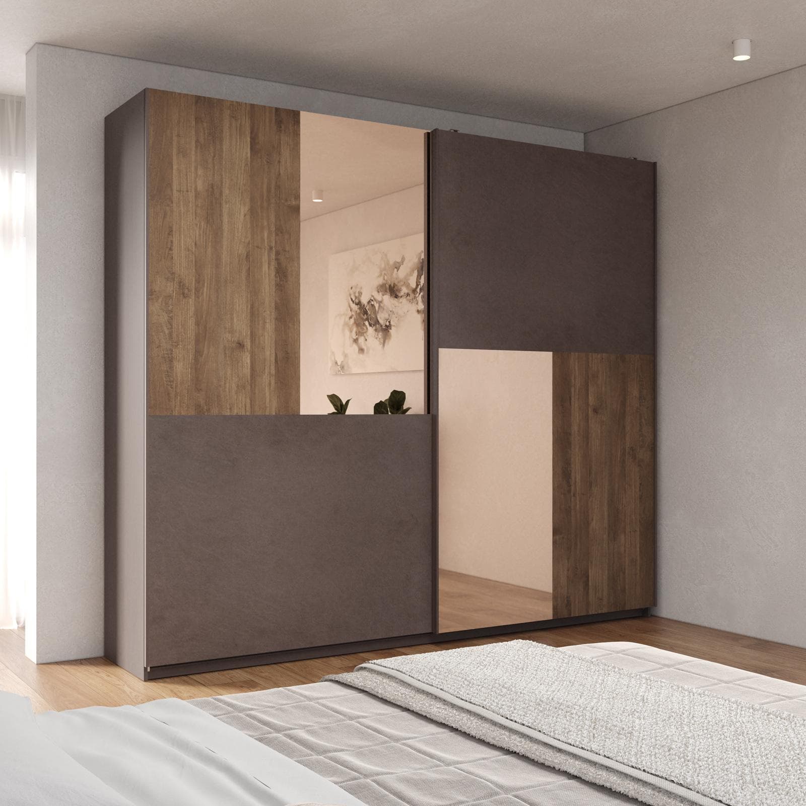 Armadio 275x240h cm con specchio bronzato e 2 ante scorrevoli bronzo e mercure - Blair