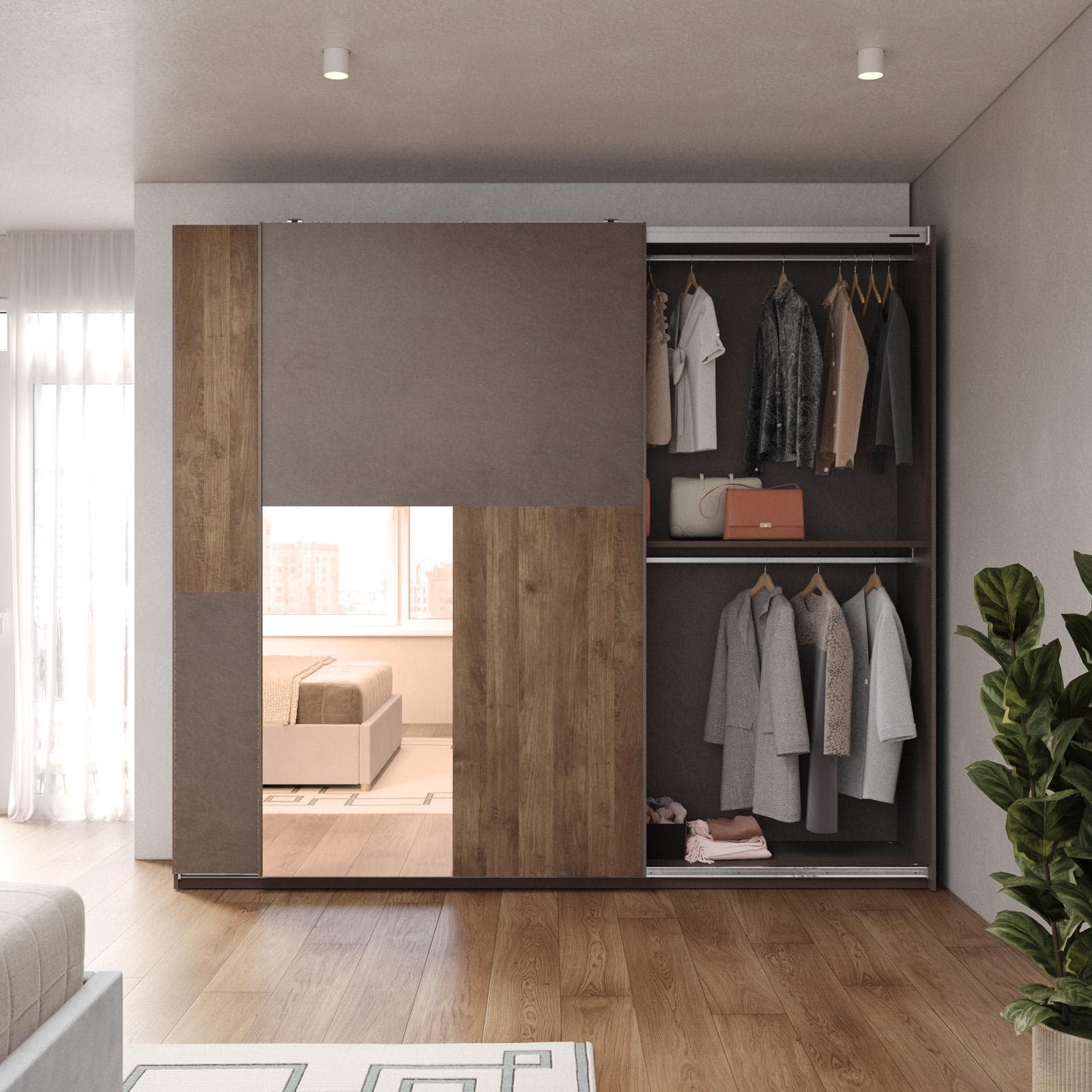 Armadio 275x240h cm con specchio bronzato e 2 ante scorrevoli bronzo e mercure - Blair