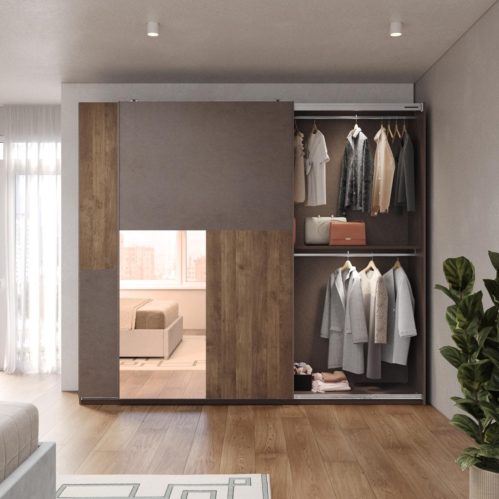 Armadio 275x240h cm con specchio bronzato e 2 ante scorrevoli bronzo e mercure - Blair