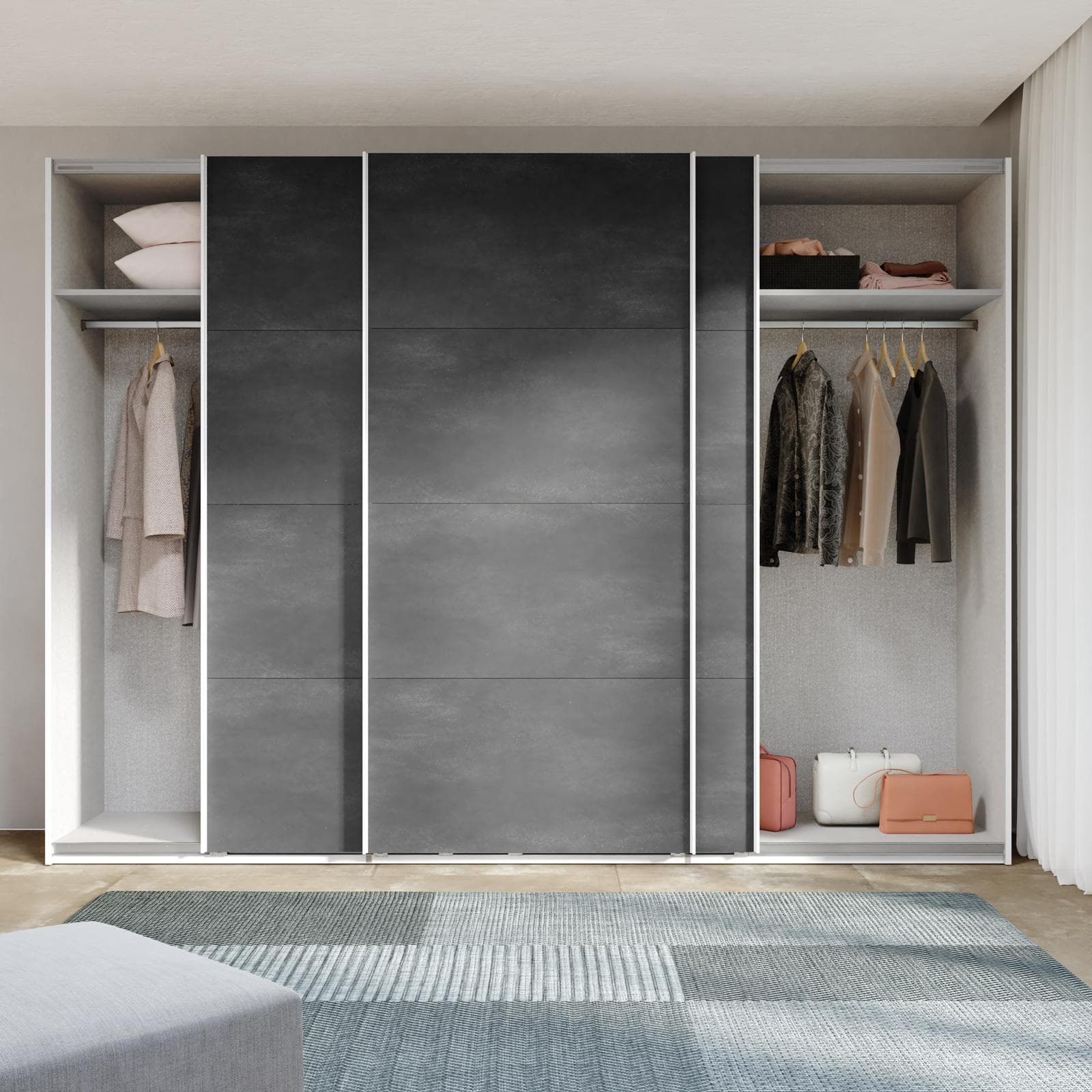 Armadio 300x223h cm bianco opaco con tre ante scorrevoli grigio tadao - Alen