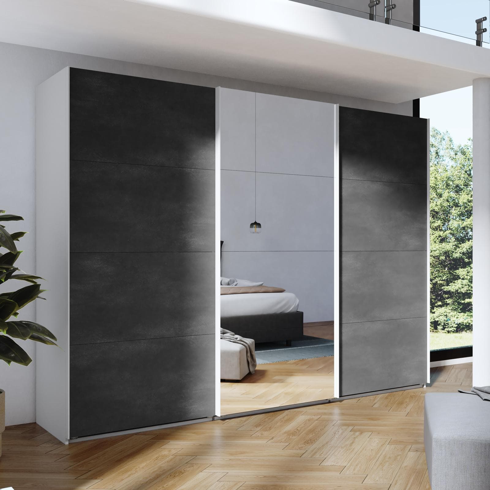 Armadio 300x223h cm bianco opaco con tre ante scorrevoli grigio tadao e specchio - Alen