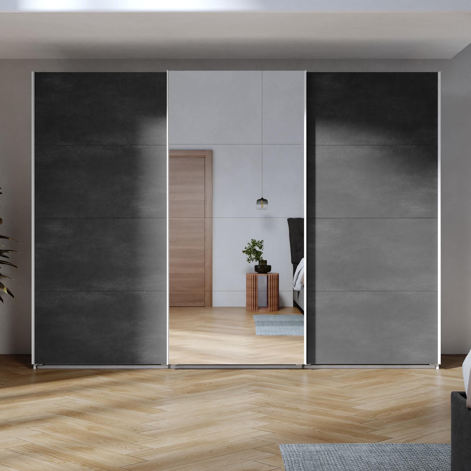 Armadio 300x223h cm bianco opaco con tre ante scorrevoli grigio tadao e specchio - Alen