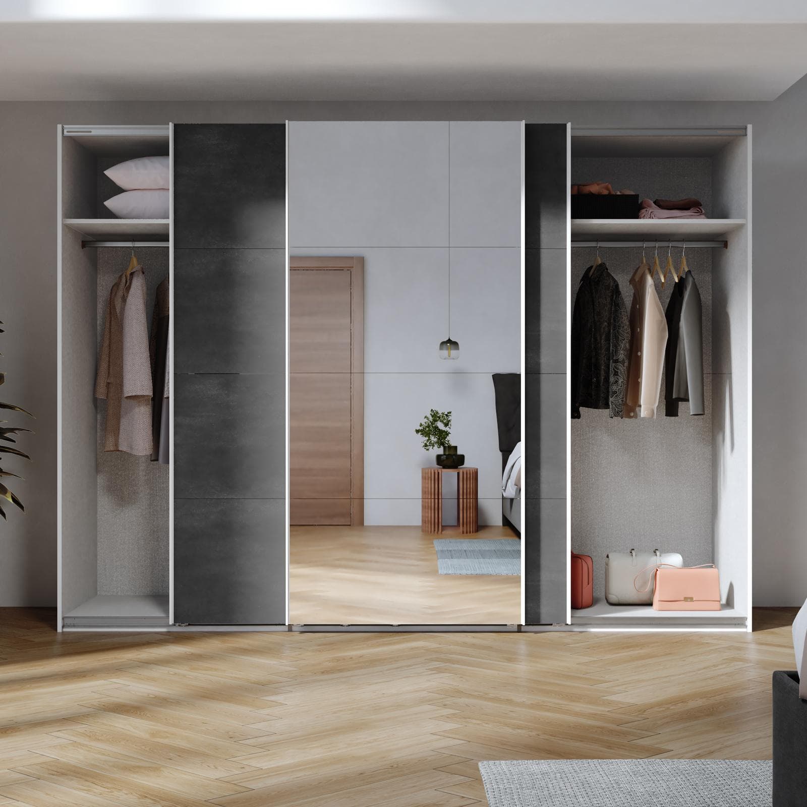 Armadio 300x223h cm bianco opaco con tre ante scorrevoli grigio tadao e specchio - Alen
