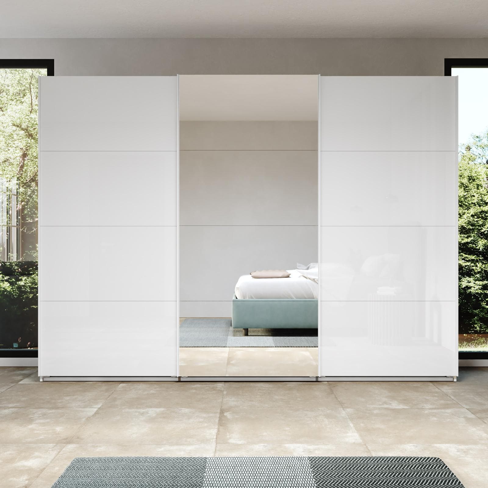 Armadio 300x223h cm con tre ante scorrevoli bianco lucido e specchio - Alen